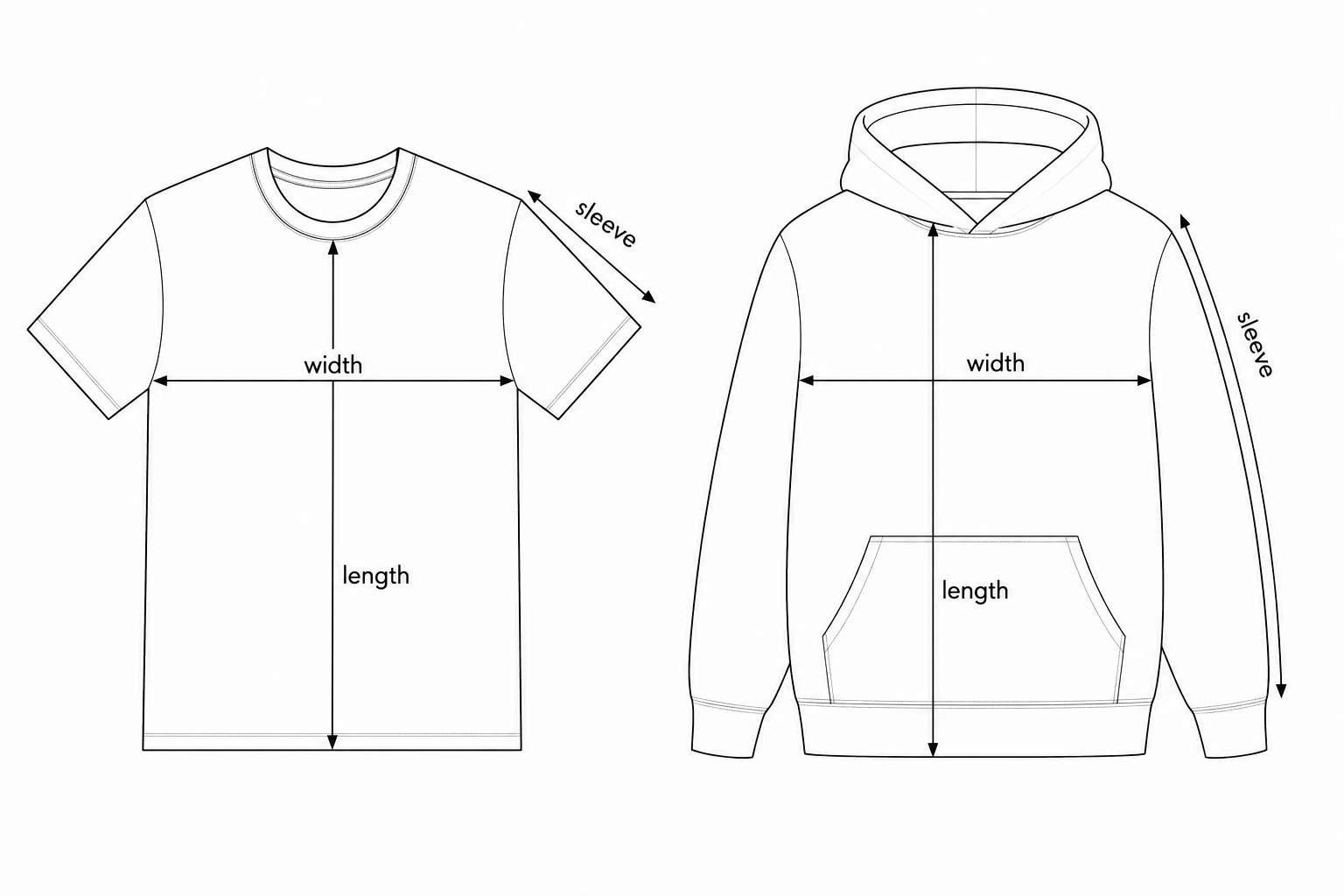 Technical drawing of a t-shirt and hoodie, each with labels demonstrating measurement area for width, length, and sleeve.