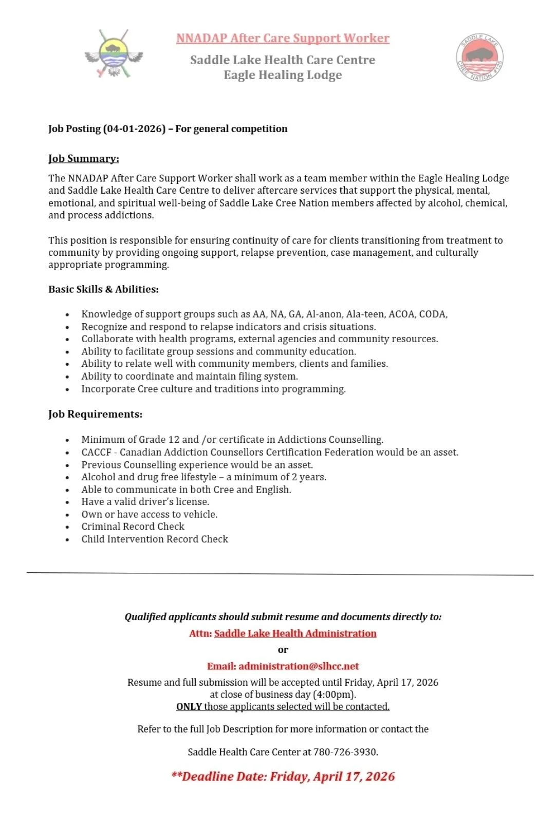 Saddle Lake Health Care Centre - NNADAP After Care Support Worker