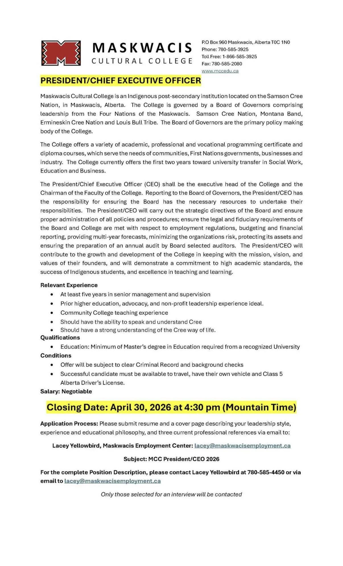 2026-04-23 Maskwacis Cultural College - President CEO