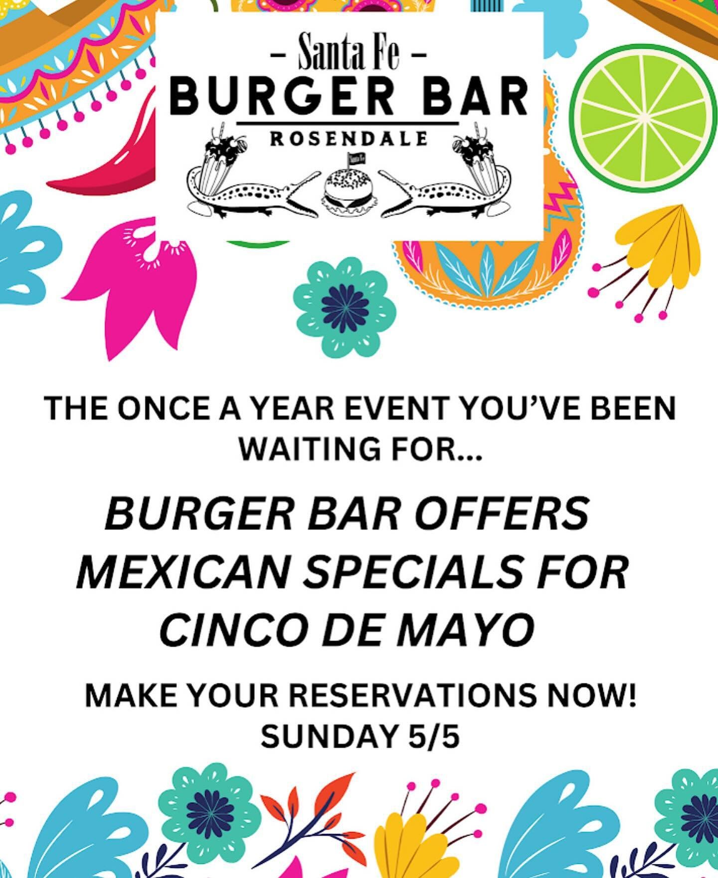 One day away from Santa Fe Mexican x Santa Fe Burger Bar. Please see our story or highlights to view full Cinco de Mayo specials menu, which we will be offering along with all our regular favorite! Mark your calendars&hellip;#cincodemayo #tacos #tequ