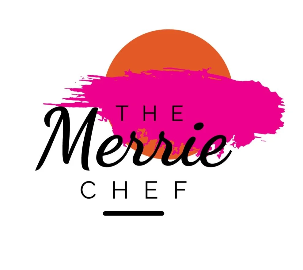 "The Merrie Chef" logo with an orange sun and pink paint splash.