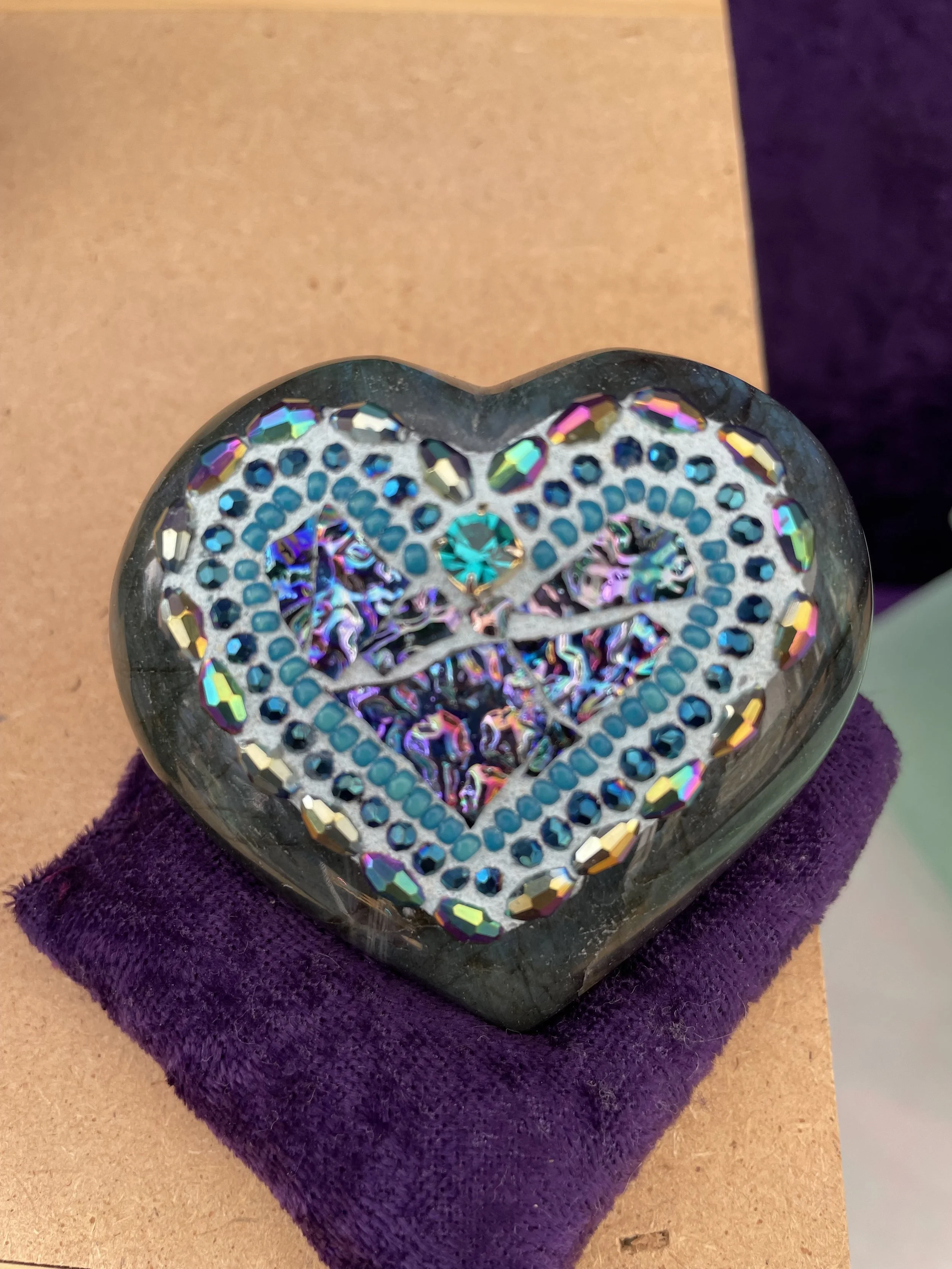 Mosaic Heart on Labradorite Stone Heart