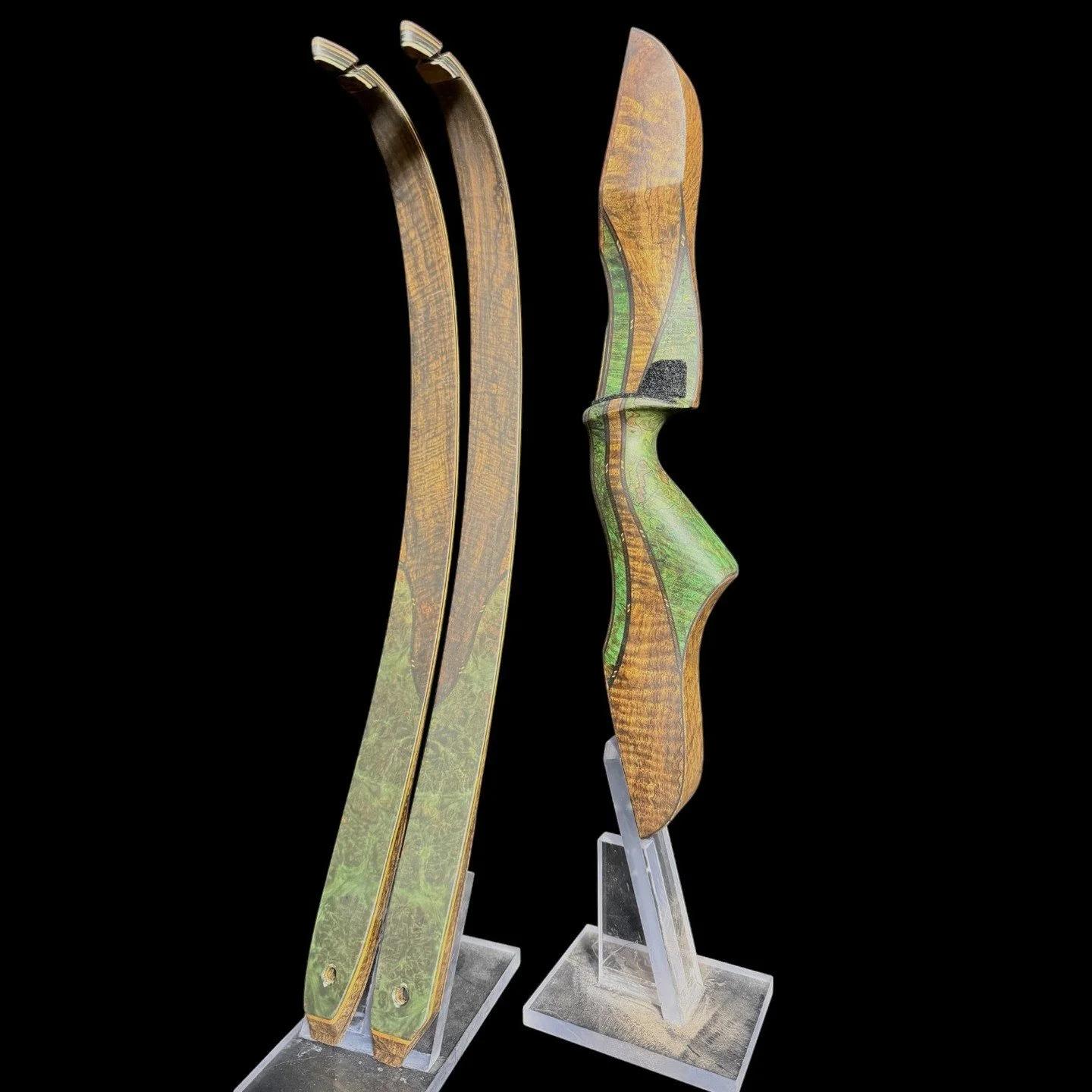 15E Wolverine FXT 62&quot; 46# 28&quot; $1,760 Heavy curl mango and dyed black line spalted Pacific maple burl riser with medium grip, static recurve limbs with heavy curl mango veneers footed with dyed Pacific maple burl, antler tips $1,760