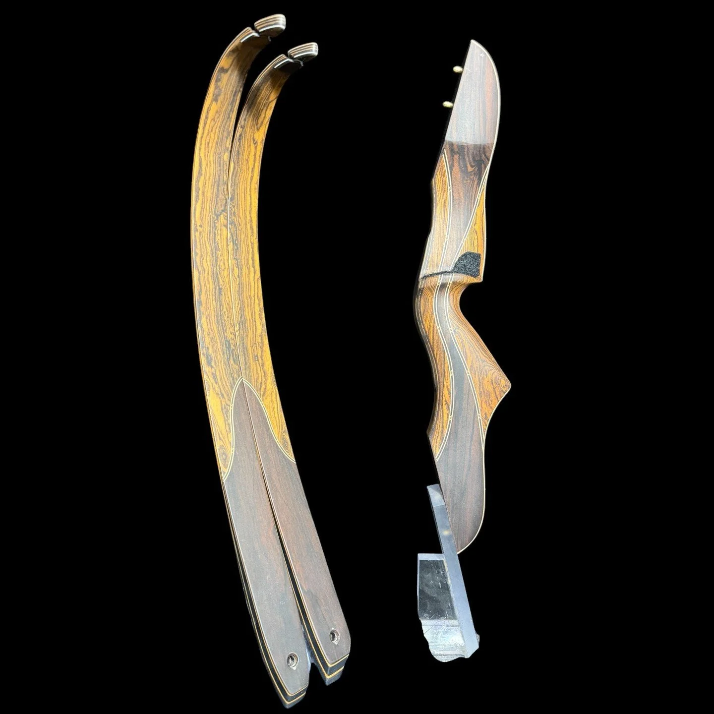 12C Wolverine FXT static recurve 62" 51# 28" Macassar ebony and bocote riser with medium grip, bocote veneers footed with Macassar ebony, mosaic limb tips with bamboo and cores. $1,660