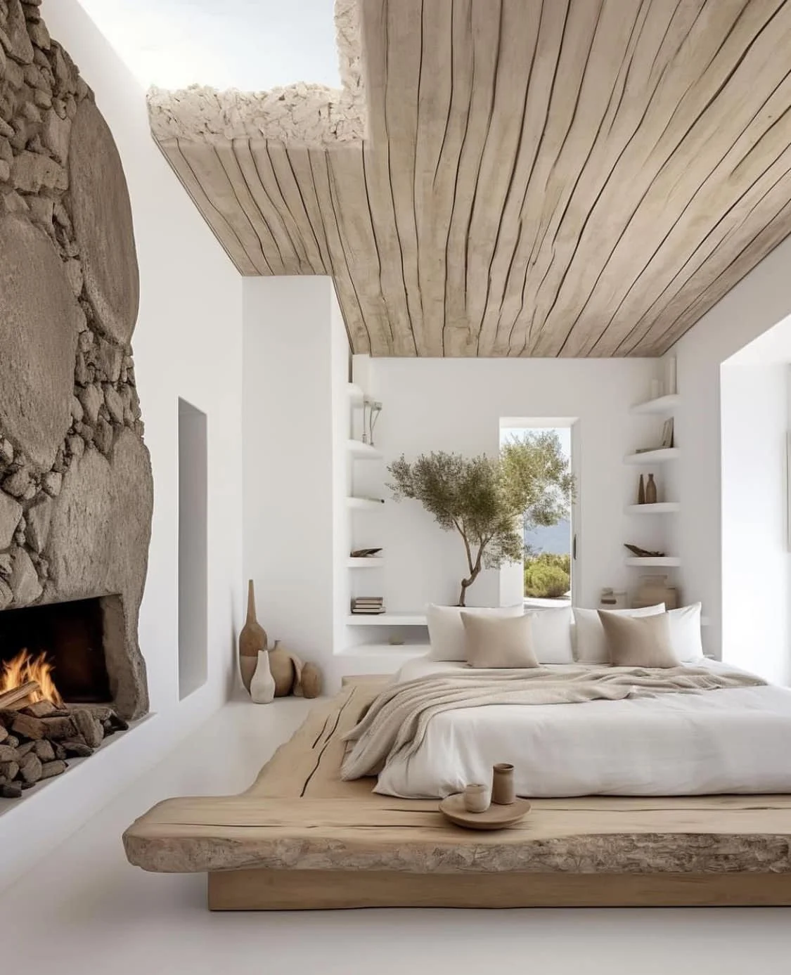 Modern bedroom with stone fireplace, natural wood bed, minimalist decor, and an olive tree by a window.