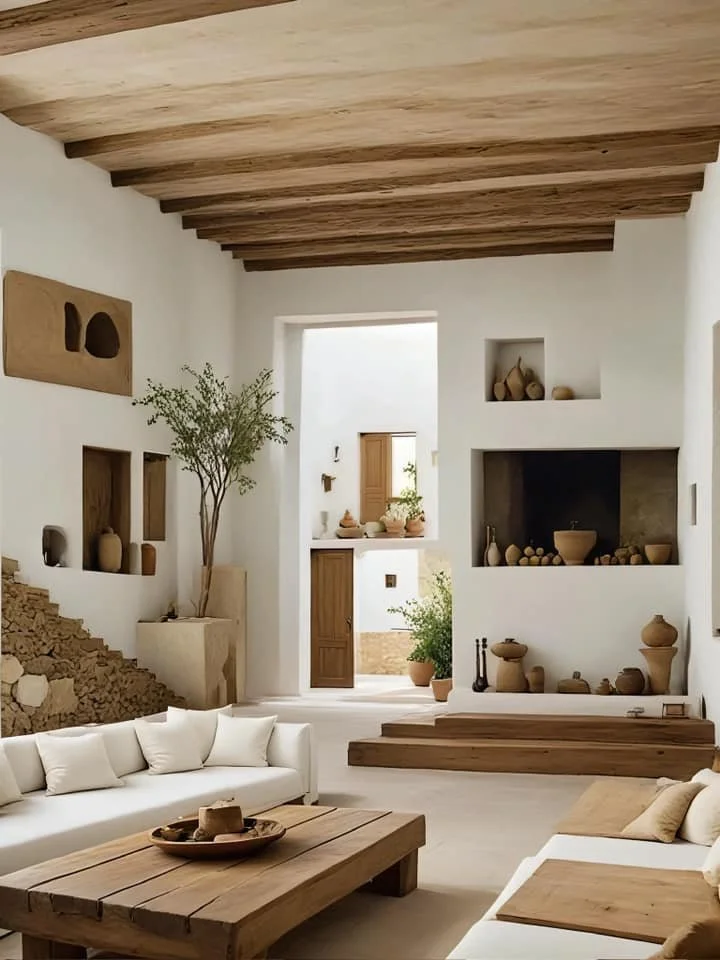 Minimalist living room with wooden beams, white walls, wooden furniture, pottery decor, and indoor plants.