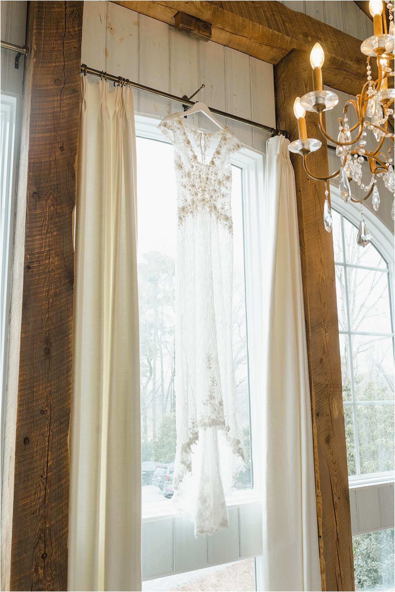 Floral Wedding Dress Hanging From Window