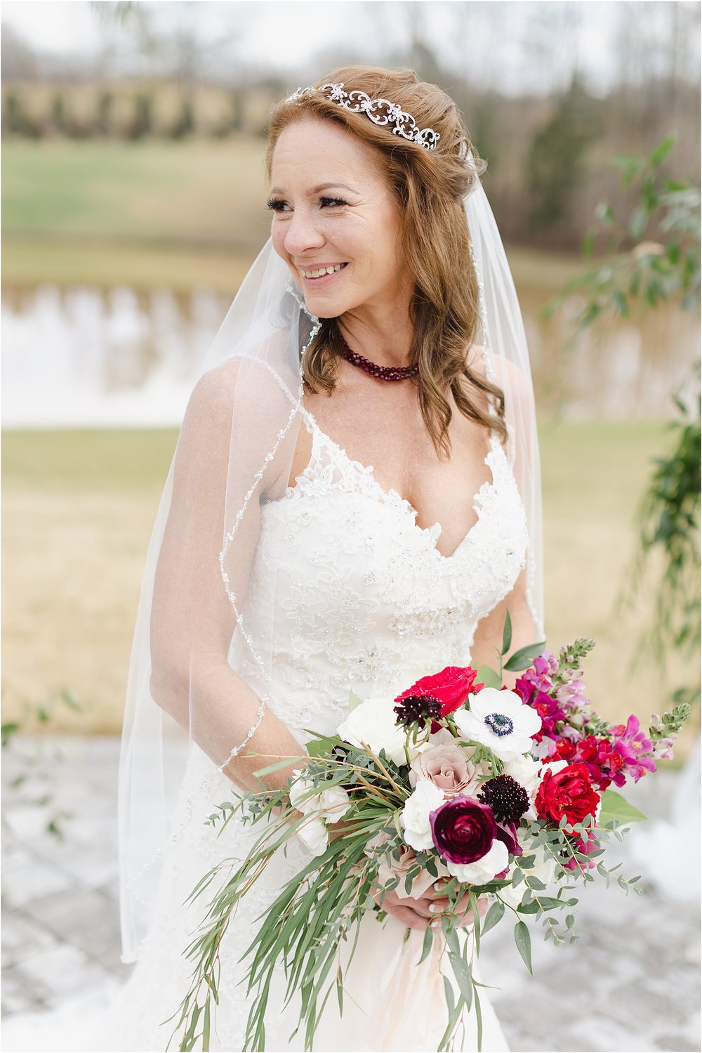 Portrait of Winter Bride with Red Bouquet