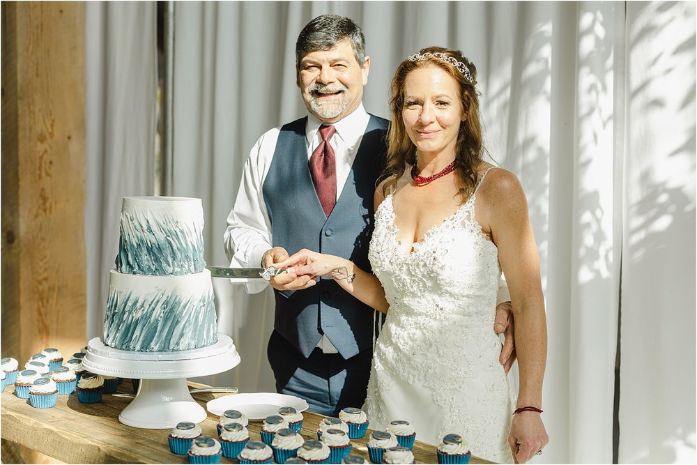 Bride and Groom Cut Blue Wedding Cake