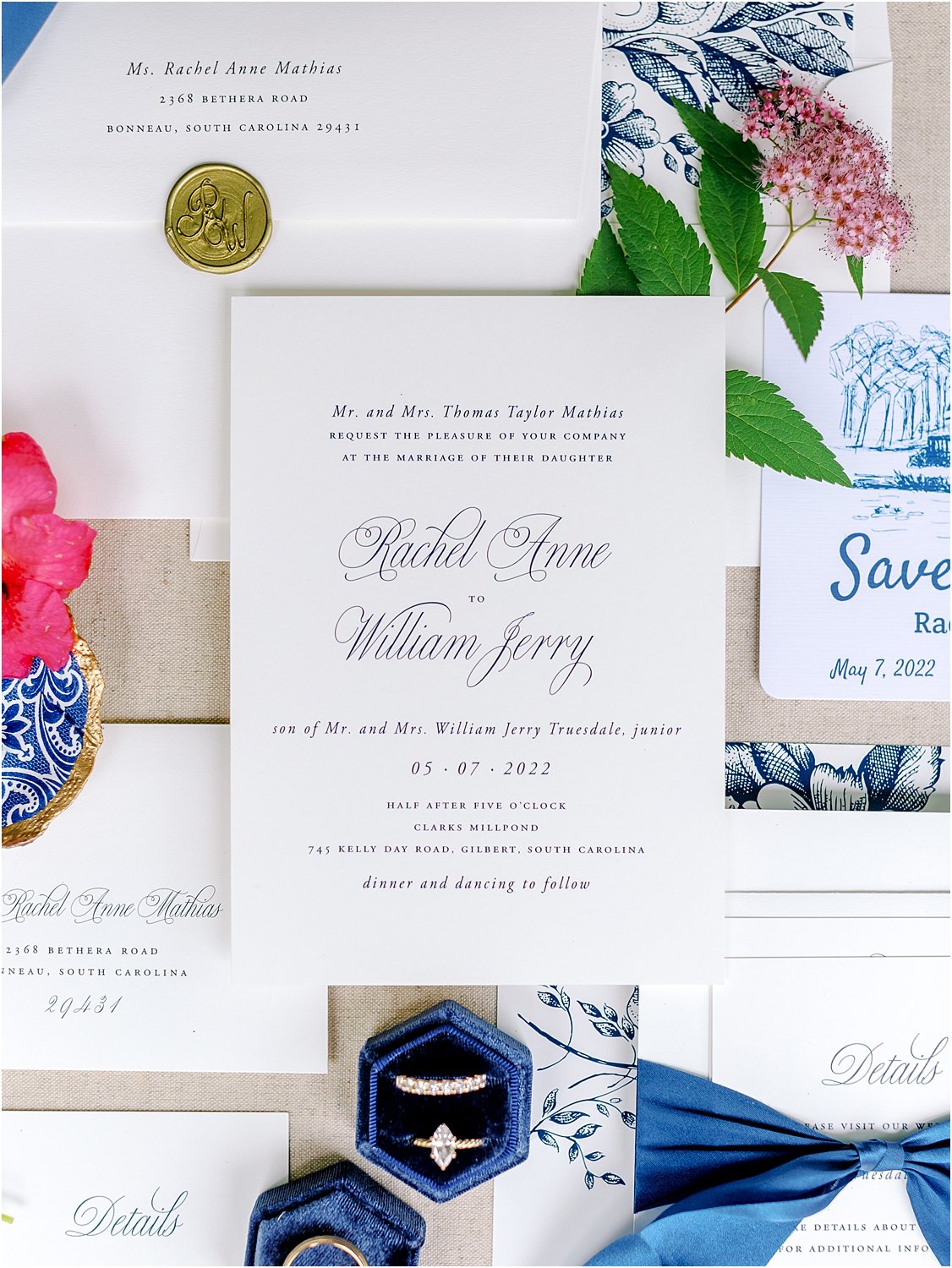 Beautiful blue and white custom wedding invites