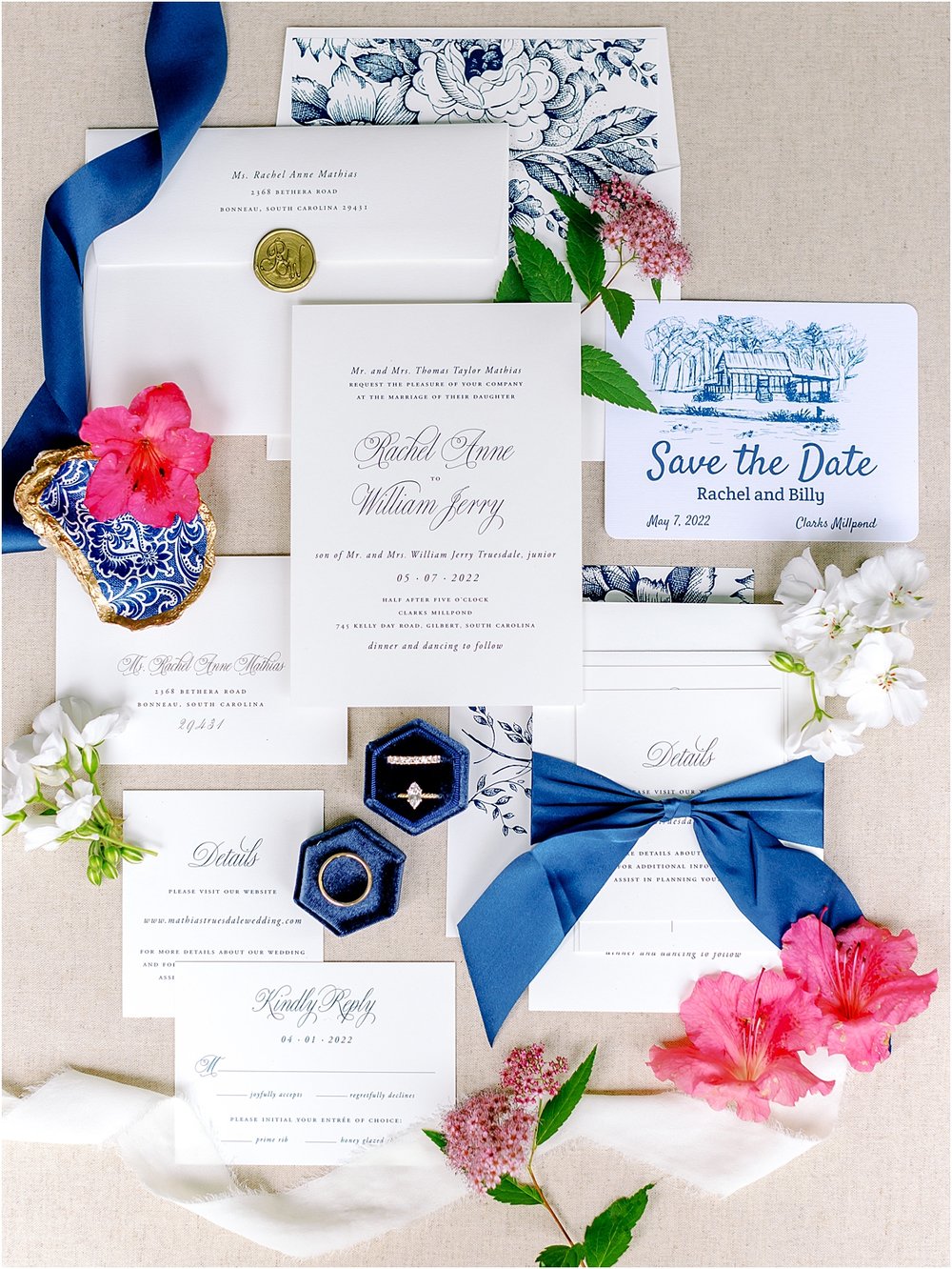 Blue and white floral wedding invites