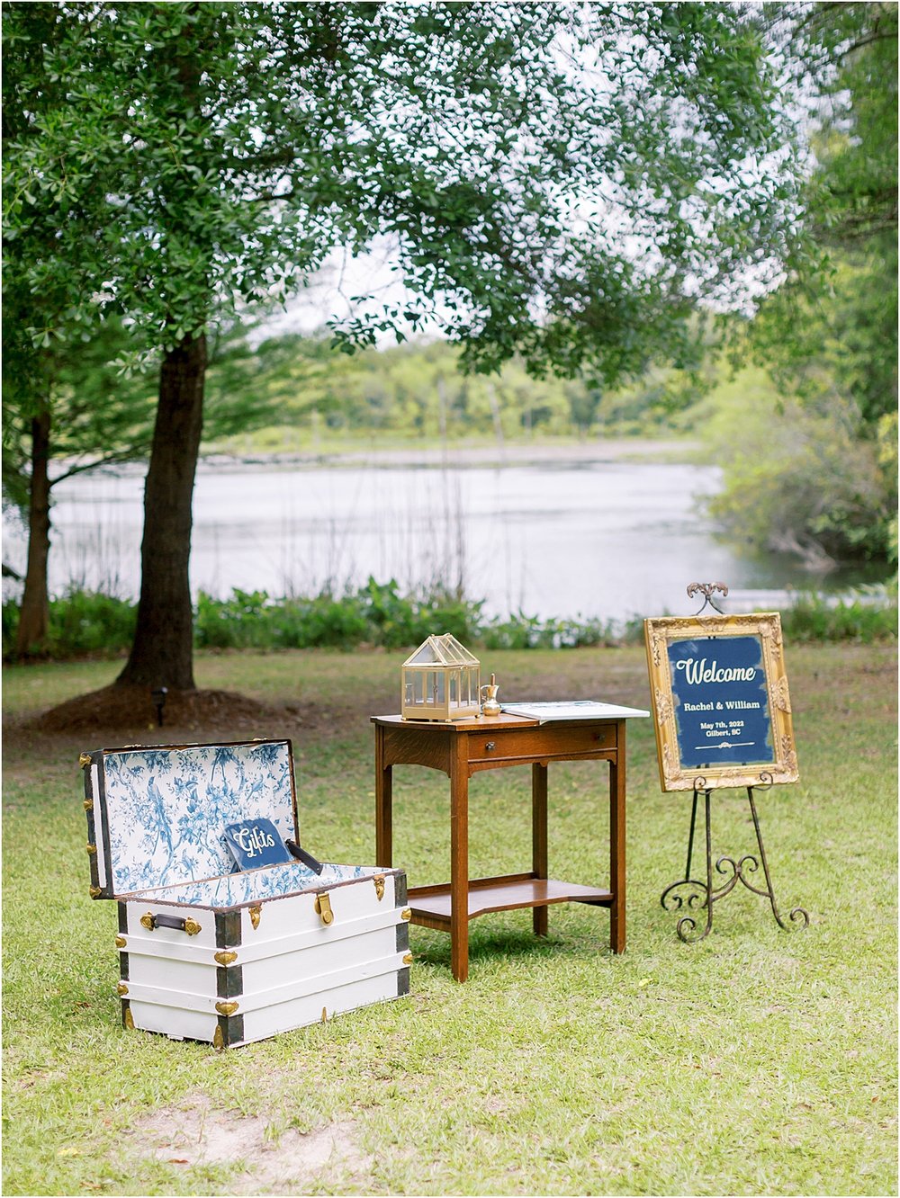 Southern elegant wedding gift chest and welcome sign 