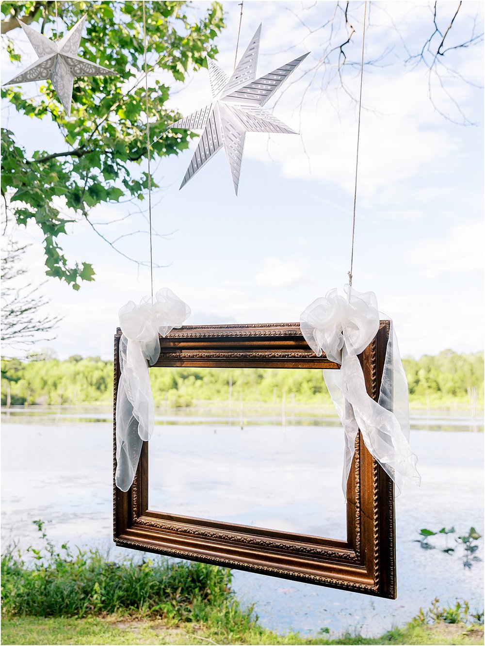 Rustic hanging picture frame wedding photoshoot
