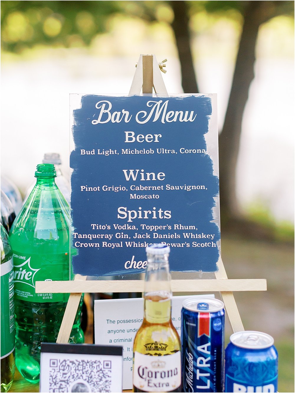 Blue and gold wedding bar menu sign