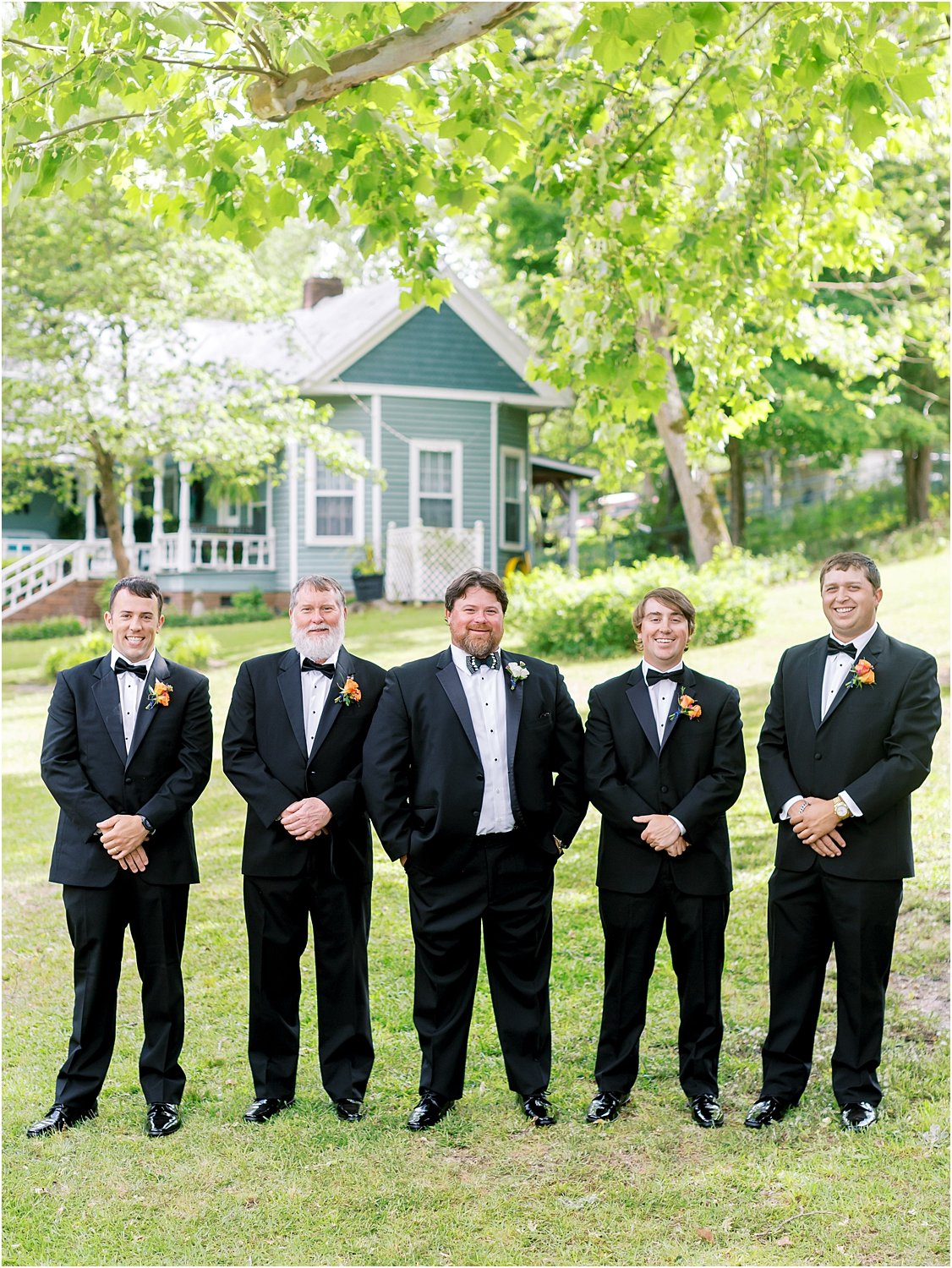 Summer backyard black-tie Groom and groomsmen