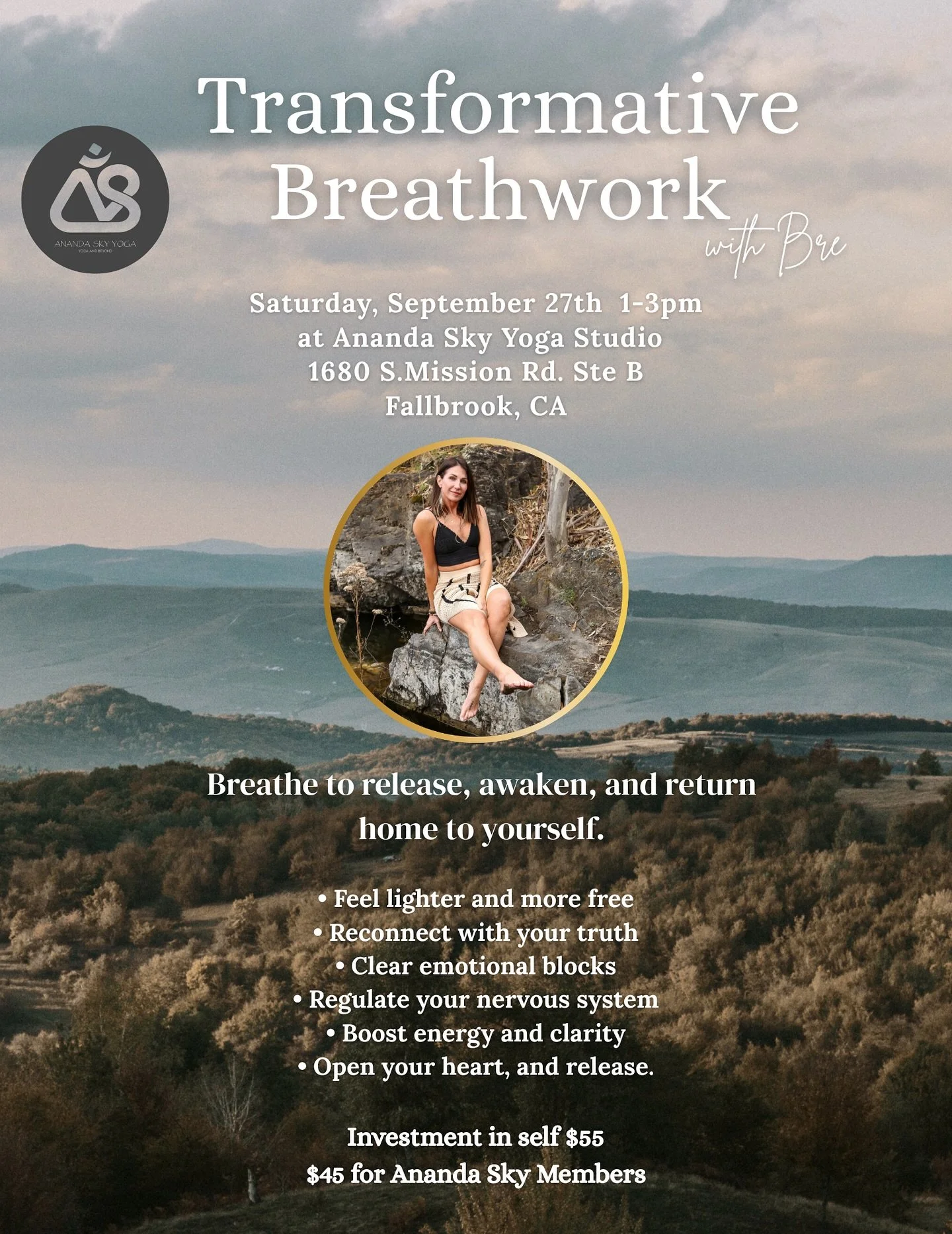 New time in Fallbrook!

I am beyond excited to bring the magic of Breathwork to the beautiful community of Fallbrook! 💛

On Saturday, September 27th from 1&ndash;3 PM, we&rsquo;ll gather together at @anandasky_yoga for a powerful group Breathwork ex