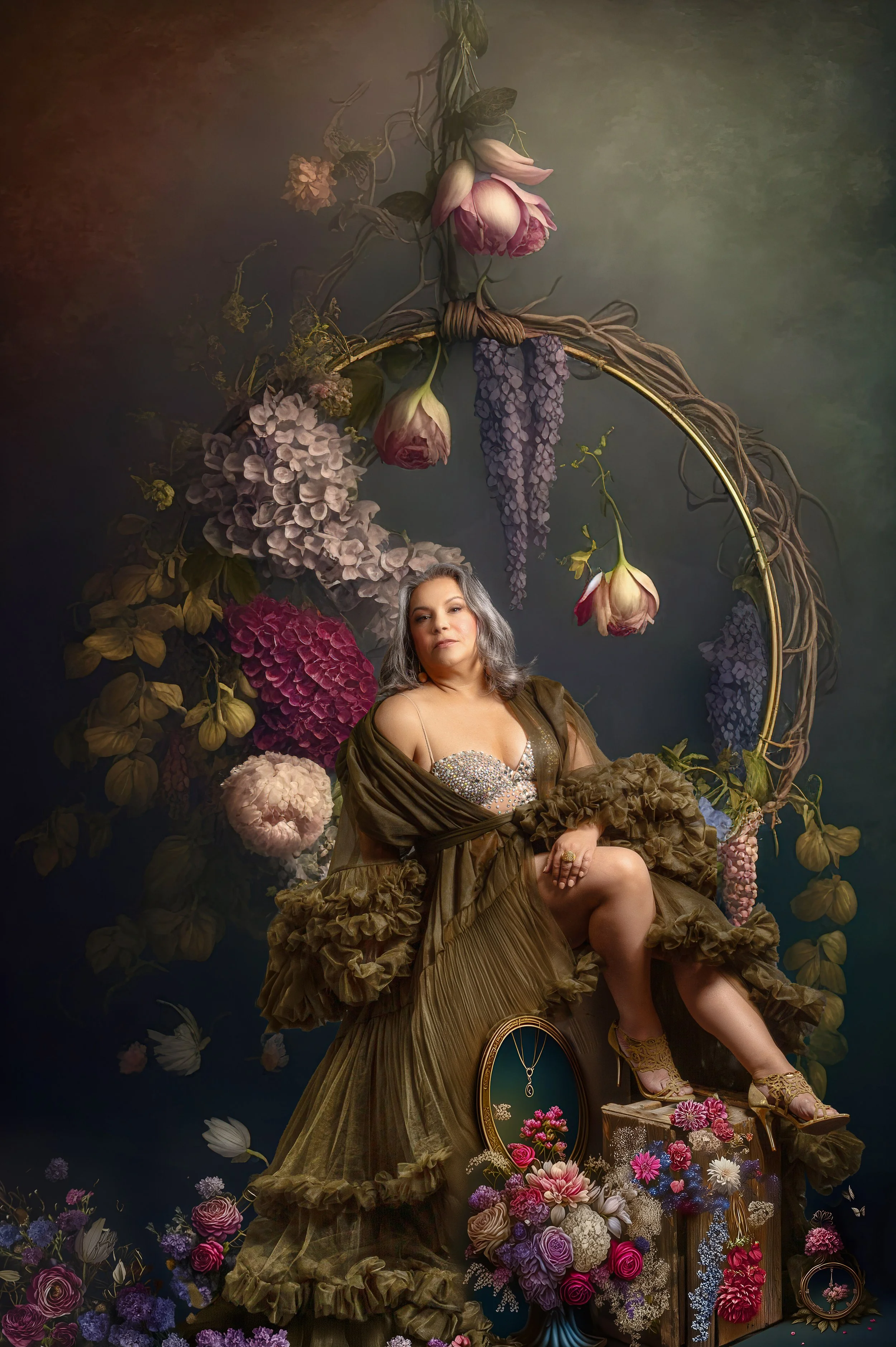 A woman seated amidst large, elaborate floral arrangements, wearing a shiny, ruffled, greenish-brown dress with jewelry and high heels, with a background featuring oversized, realistic flowers and greenery.