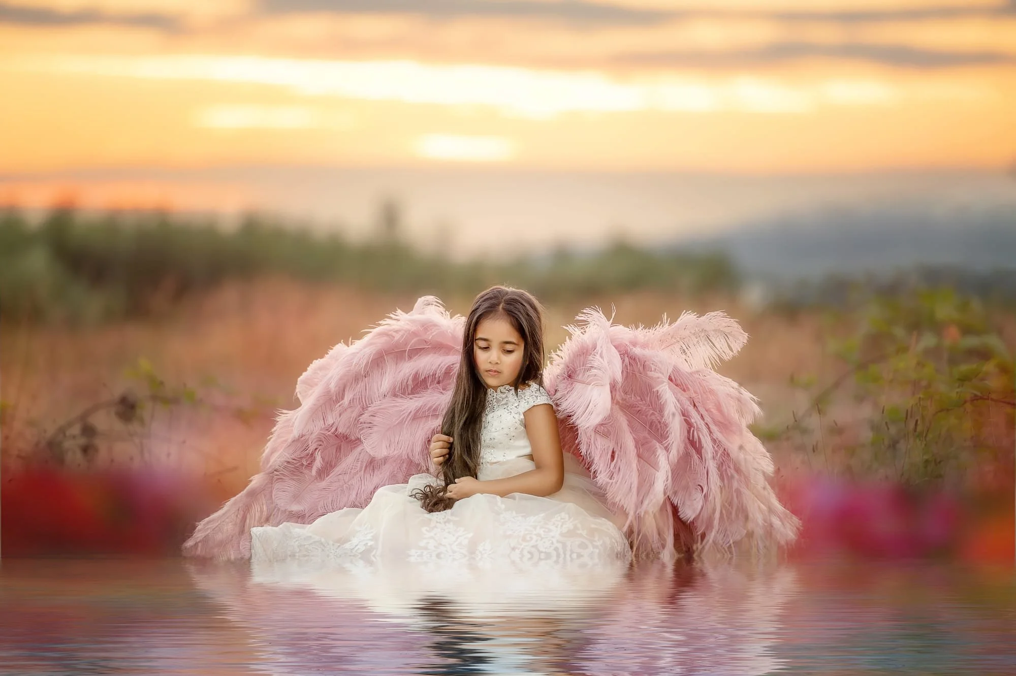 A young girl dressed as an angel with large pink feathered wings sitting in a body of water at sunset.