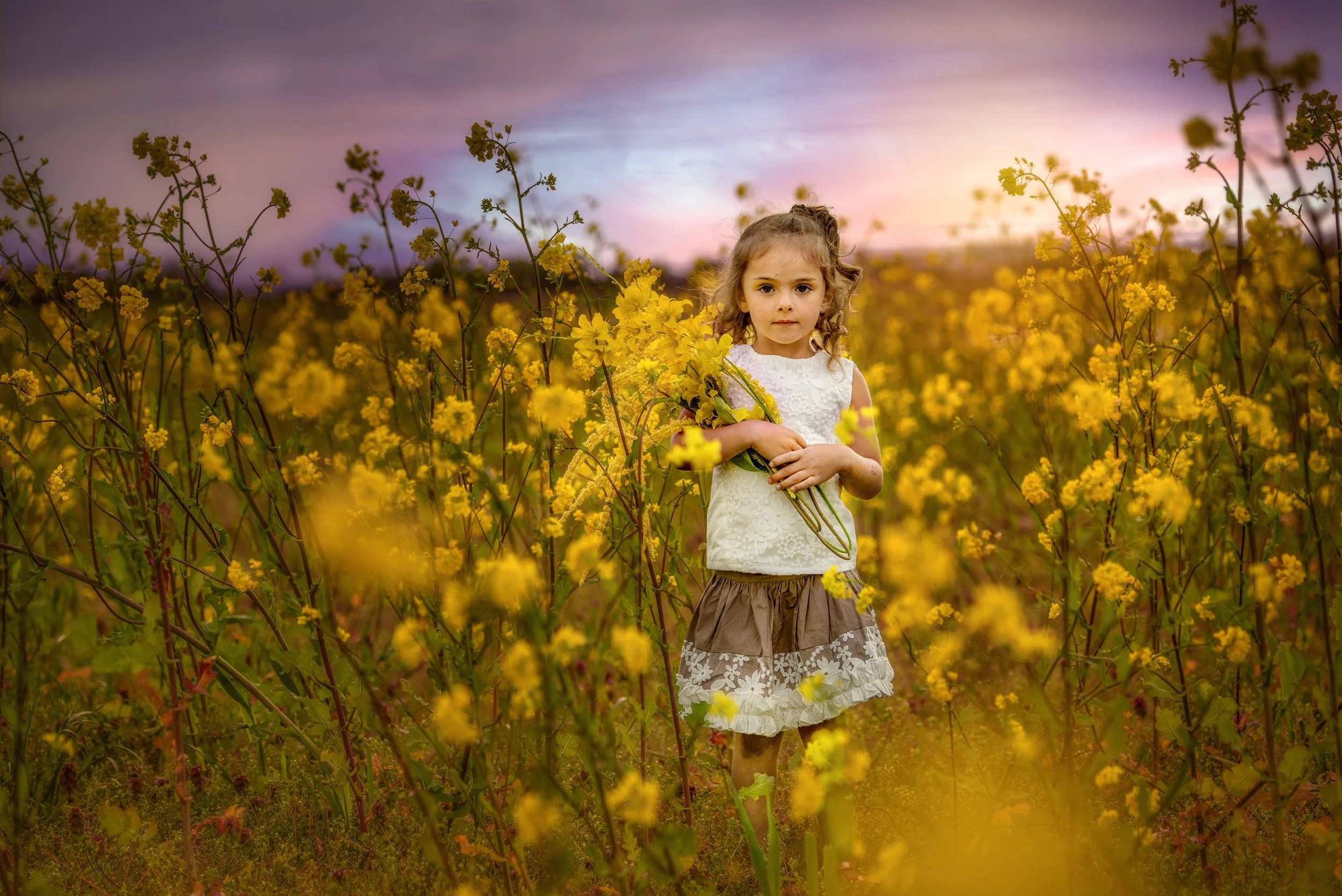 calgary children photographer white and brown dress woldflowers.jpg