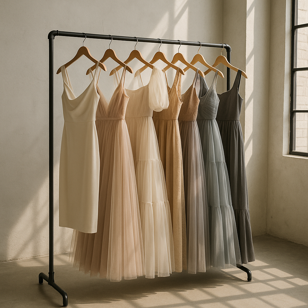 A variety of colorful dresses hanging on a clothing rack.