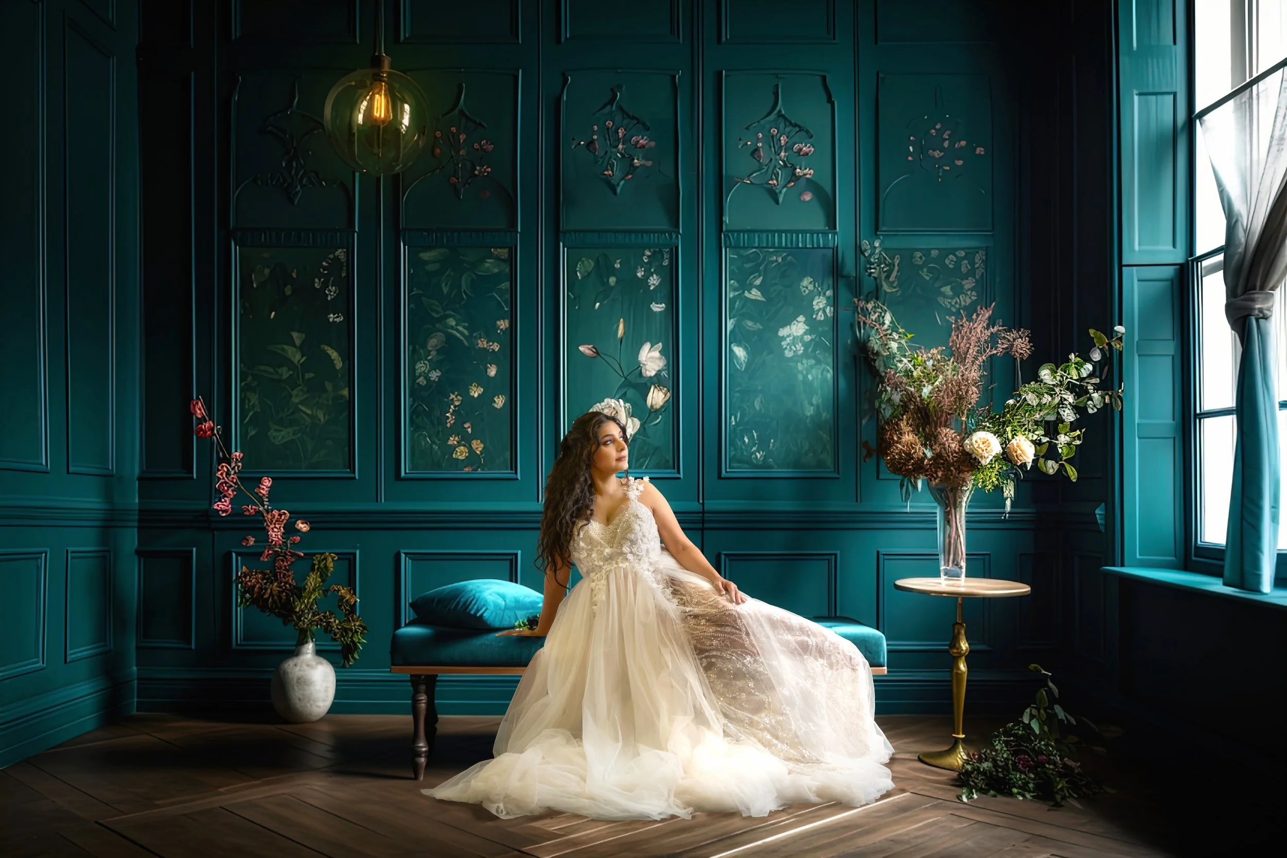 A woman in a wedding dress sitting on a teal bench in a decorated room with teal paneled walls, floral art, and large window with curtains, around a vase of flowers and a bouquet on the floor.