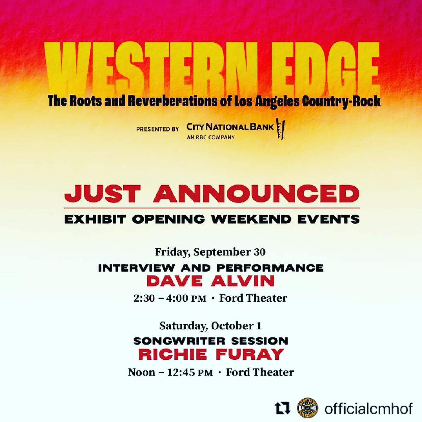 #Repost @officialcmhof with @use.repost
・・・
JUST ANNOUNCED: the program lineup for opening weekend of &ldquo;Western Edge: The Roots and Reverberations of Los Angeles Country-Rock,&rdquo; presented by @CityNationalBank. The new exhibit opens Septembe