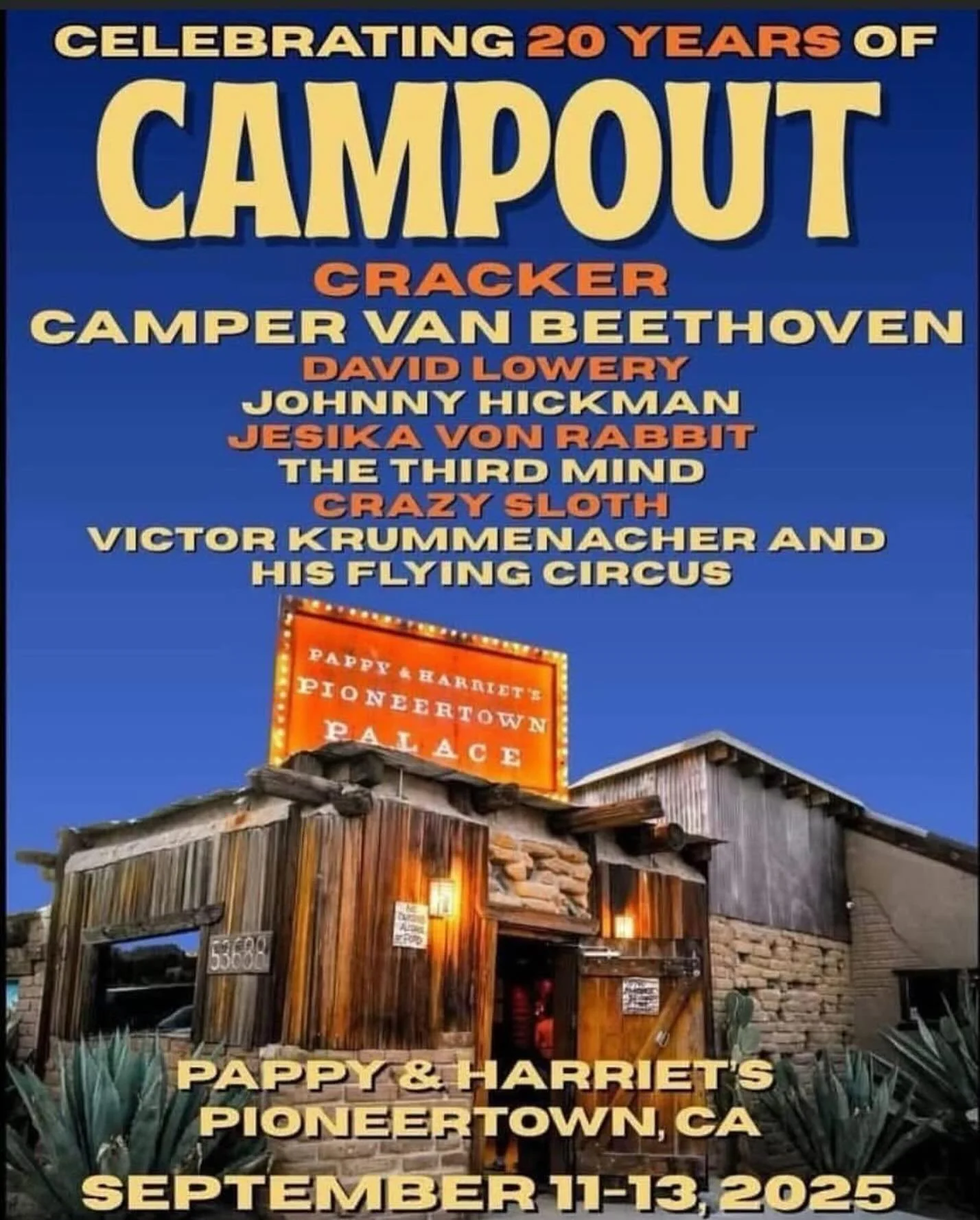 THE THIRD MIND plays 6:30 Saturday! ☄️Repost from @wilmuse
&bull;
Attention, desert dwellers and travelers:
This weekend, my pals in Camper Van Beethoven will be celebrating the 20th anniversary of their annual Campout shindig, to be held at Pappy &a
