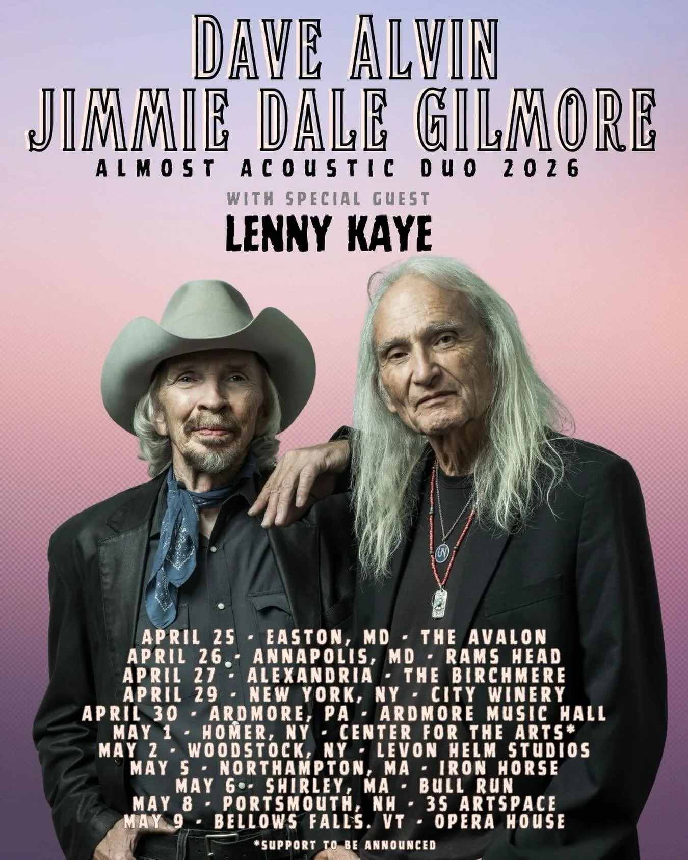 Dave Alvin &amp; Jimmie Dale Gilmore are thrilled to announce that the legendary @lenny_kaye - founding member of Patti Smith and Her Band, producer, and curator of the seminal anthology of garage rock, Nuggets: Original Artyfacts of the First Psyche