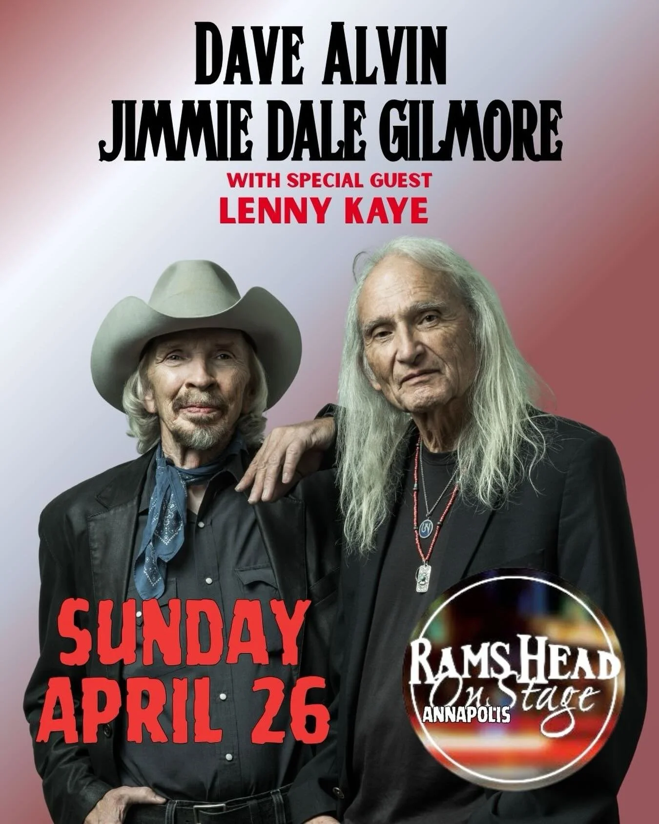 Friends in #Annapolis! Don&rsquo;t miss DAVE ALVIN &amp; JIMMIE DALE GILMORE &bull; Almost Acoustic Duo with special guest @lenny_kaye at @ramsheadonstage on Sunday, April 26!

&ldquo;A moden-day Merle Haggard and Willie Nelson&ldquo; &ndash; Texas M