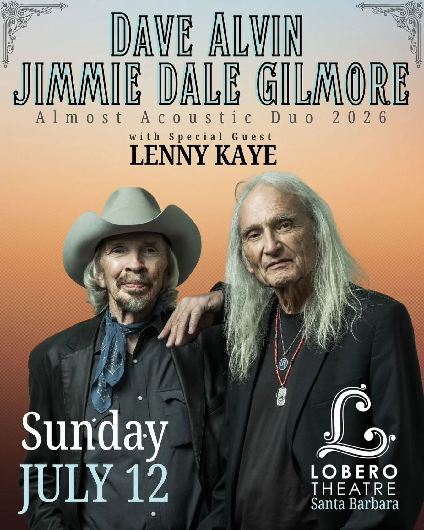 ⭐️Just Added: Santa Barbara on July 12 at @loberotheatre! ⭐️

JULY TOUR DATES
 
Dave Alvin &amp; Jimmie Dale Gilmore - Almost Acoustic Duo
* with Special Guest Lenny Kaye 
 
July 10 &amp; 11 &ndash; Santa Monica, CA &ndash; McCabe&rsquo;s Guitar Shop