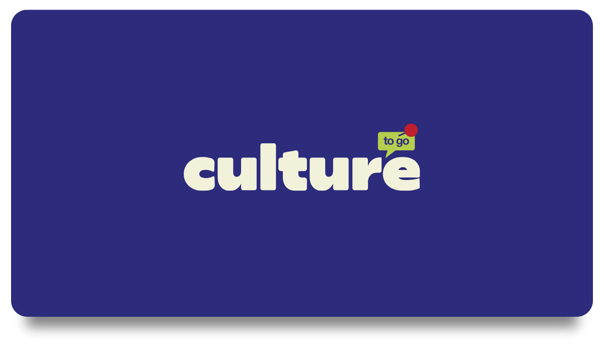 A digital tablet screen displaying the words 'culture to go' with a speech bubble and red dot, on a blue background. Branding by Studio Wellmade