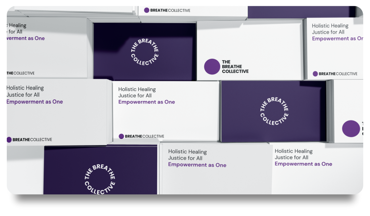 Display of boxes with the logo and messages for The Breathe Collective, promoting holistic healing, justice for all, and empowerment as one. Studio Wellmade branding