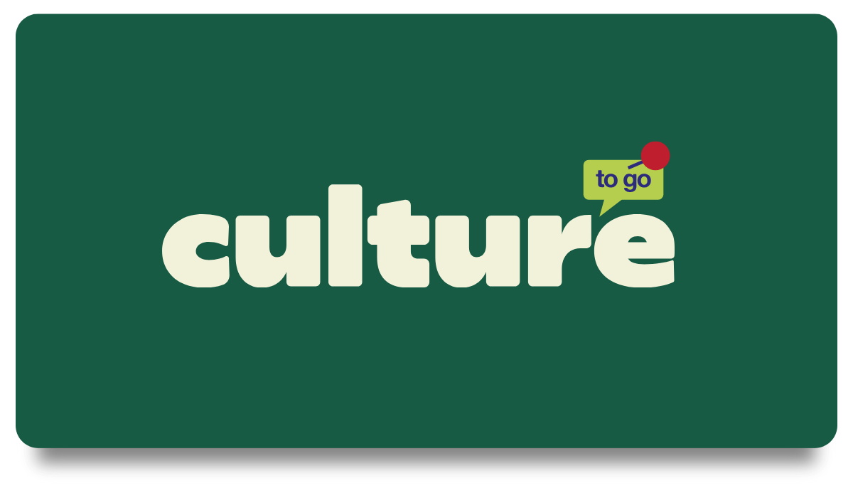Logo with the text 'culture' in large white letters on a green background, with a speech bubble containing 'to go' and a red notification dot. Designed by Studio Wellmade