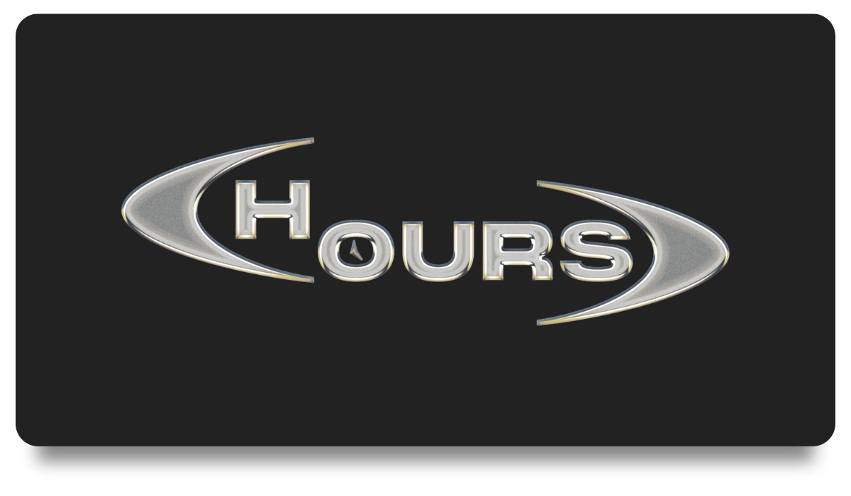 Silver logo with the word 'HOURS' on a black background, featuring a small clock inside the letter 'O'. designed by Studio Wellmade
