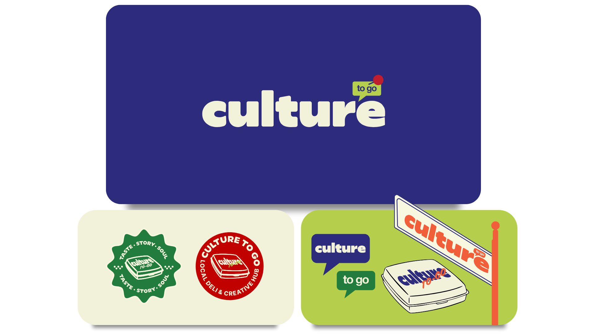 Set of promotional items for 'culture to go,' including a large blue sign with the logo, two stickers with the logo and tags, and a business card or label with the logo and tagline. Studio Wellmade designs