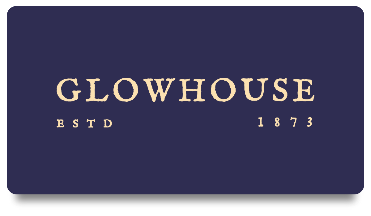 Logo for Glowhouse, established in 1873, with a navy background and beige text. Branding by Studio Wellmade