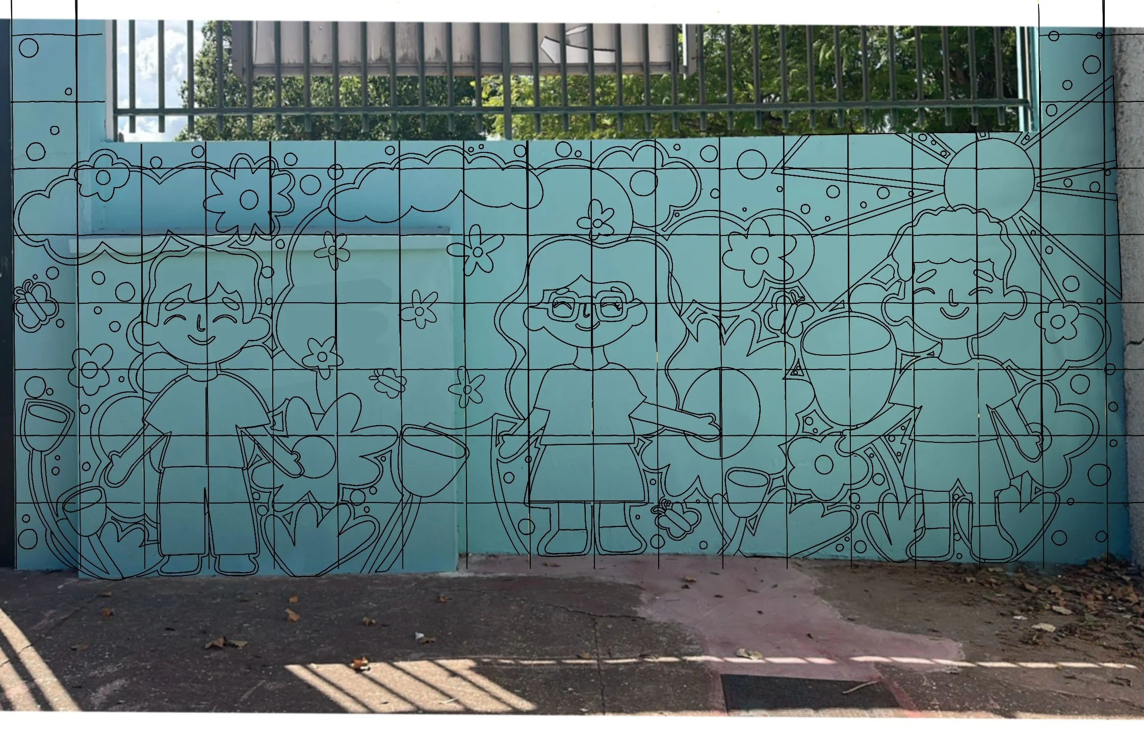 We created a grid over the outline of the mural. One square in the drawing correlated to one foot on the wall. We then create a 1 ft by 1 ft cardboard template, which we use to make the grid on the wall. From there, we began tracing in pencil. 