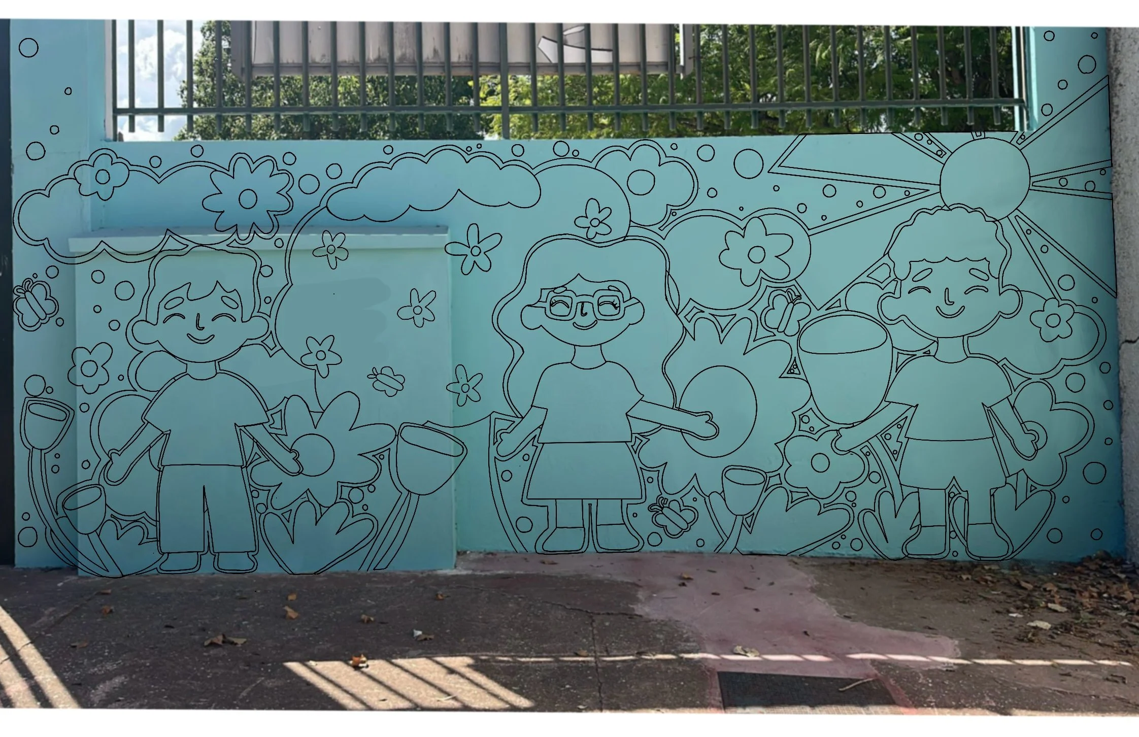 Step 3: We then create a black outline of the mural. This helps when it's time to outline the mural onto the wall. 