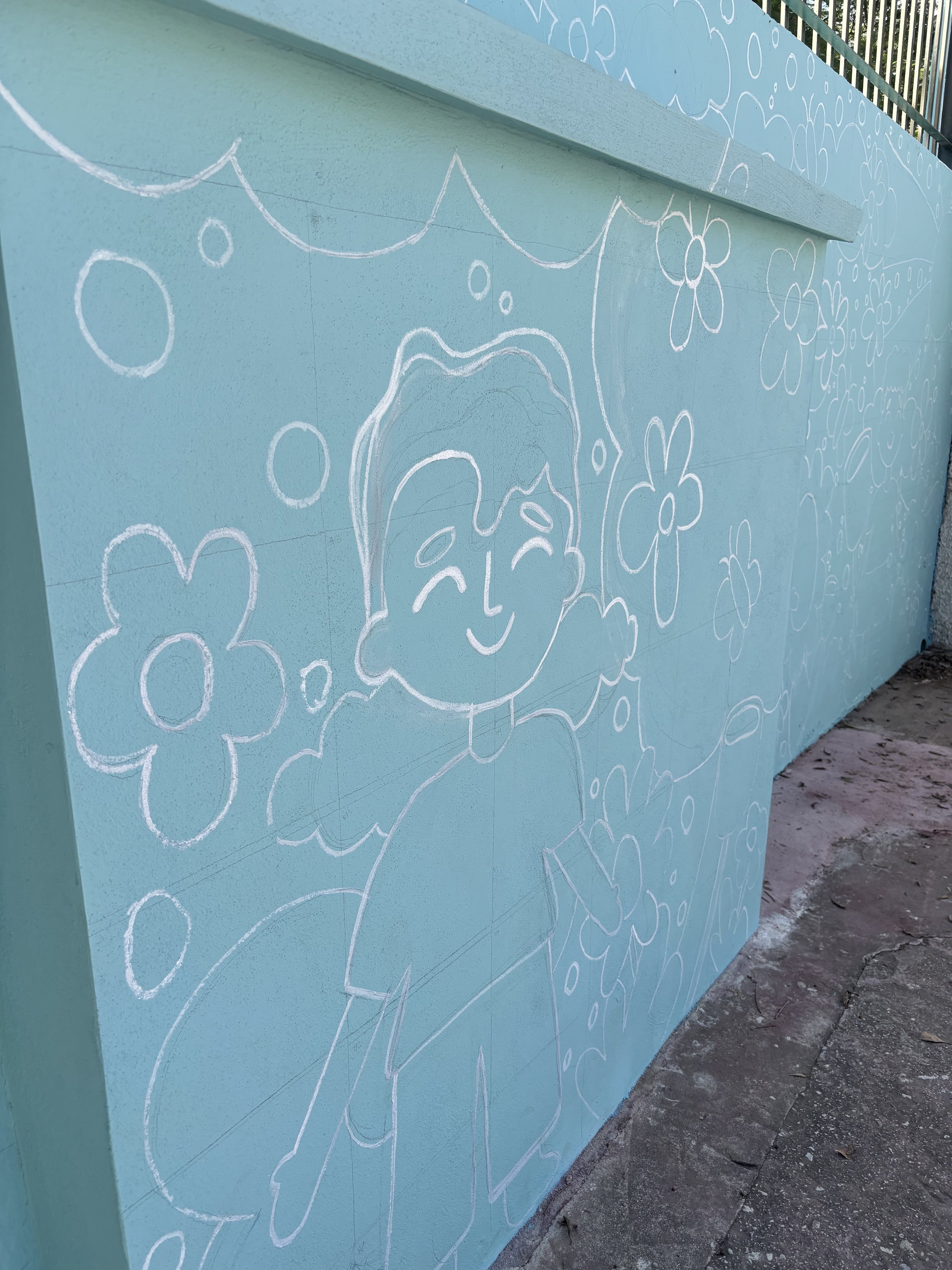 When the pencil outline was complete, the lines were retraced with a chalk pen so they could be seen clearly. At the dollar store, we found white chalk pens that are usually used for blackboards. The white contrasted nicely with the original blue bac