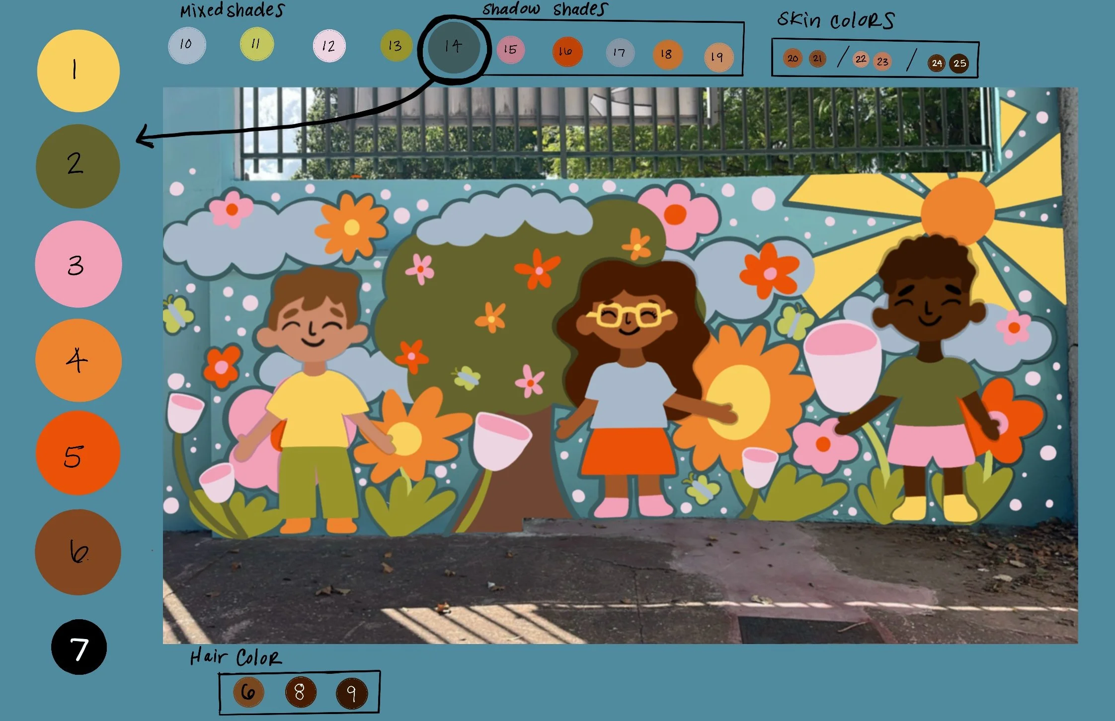 Step 2: Once the design is finalized, we create a color guide. This helps see how many different colors and shades will be used and can simplify the color scheme if needed. In the brainstorming process, we choose a general color scheme, but during th