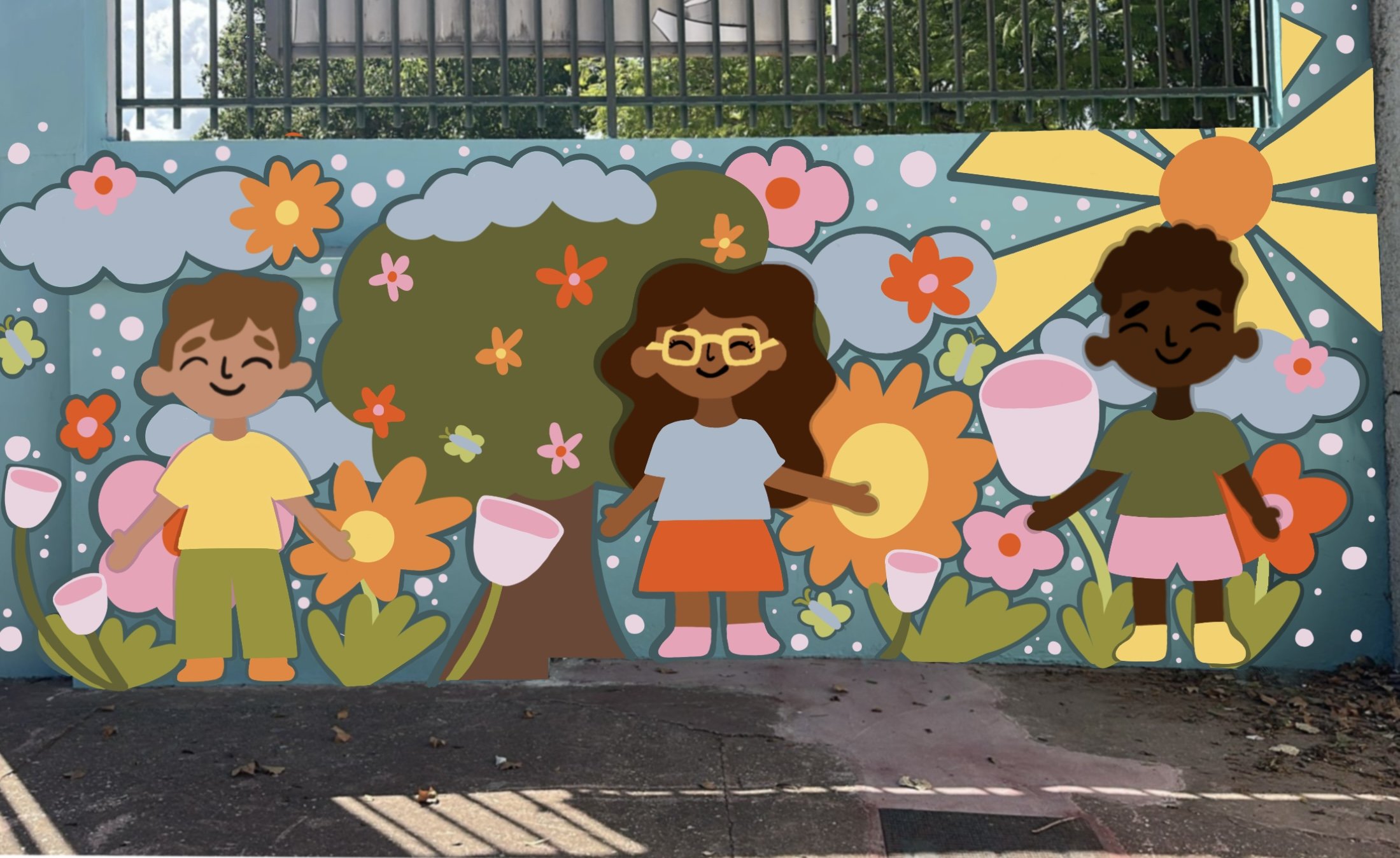 Step 1: We design all of our murals on ProCreate. The brainstorming process is different for every person, project, and wall. In an ideal situation, we would have had the students design the mural. However, because this mural was being created in par