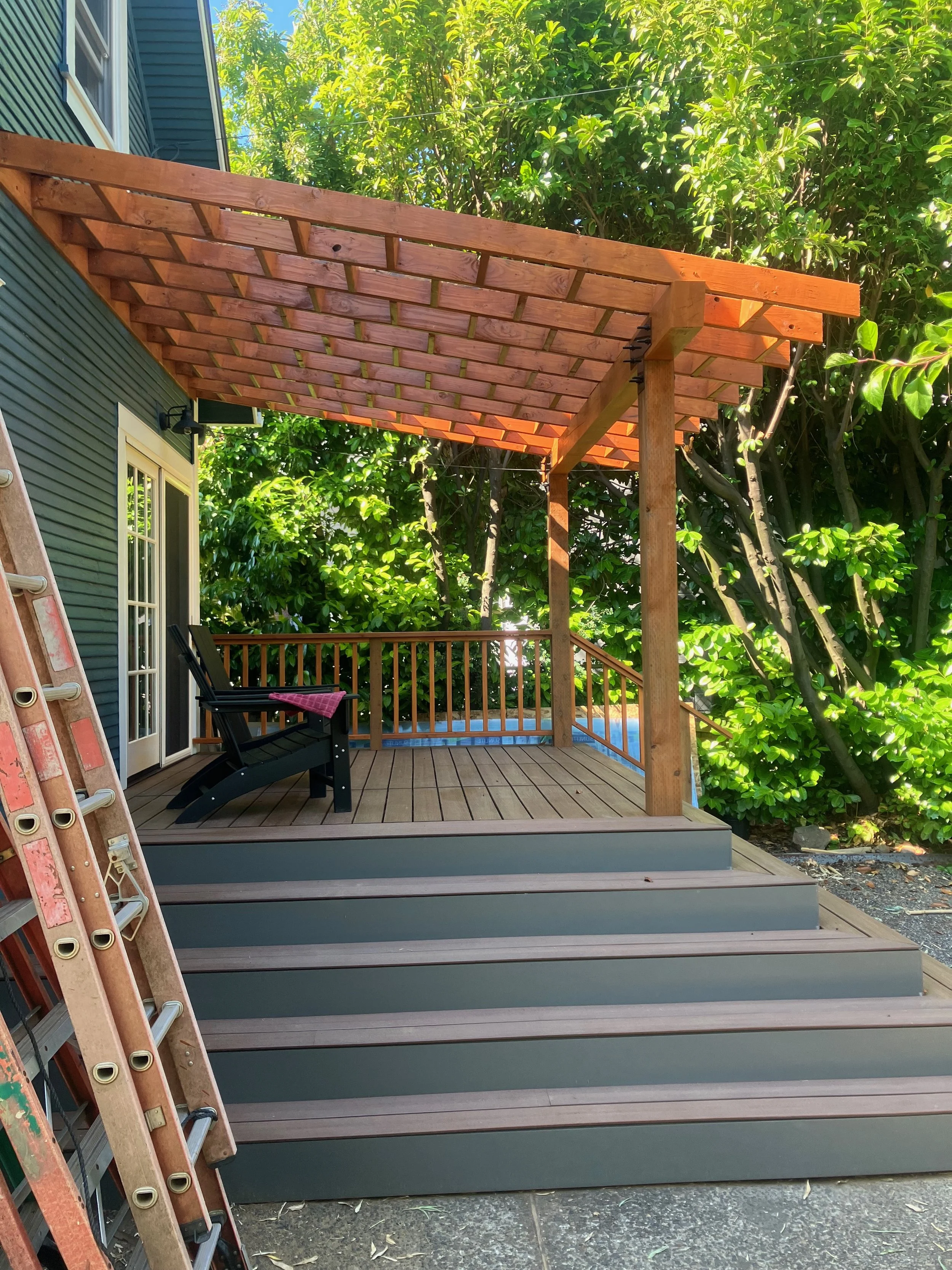 Porch build with wrapping stairs