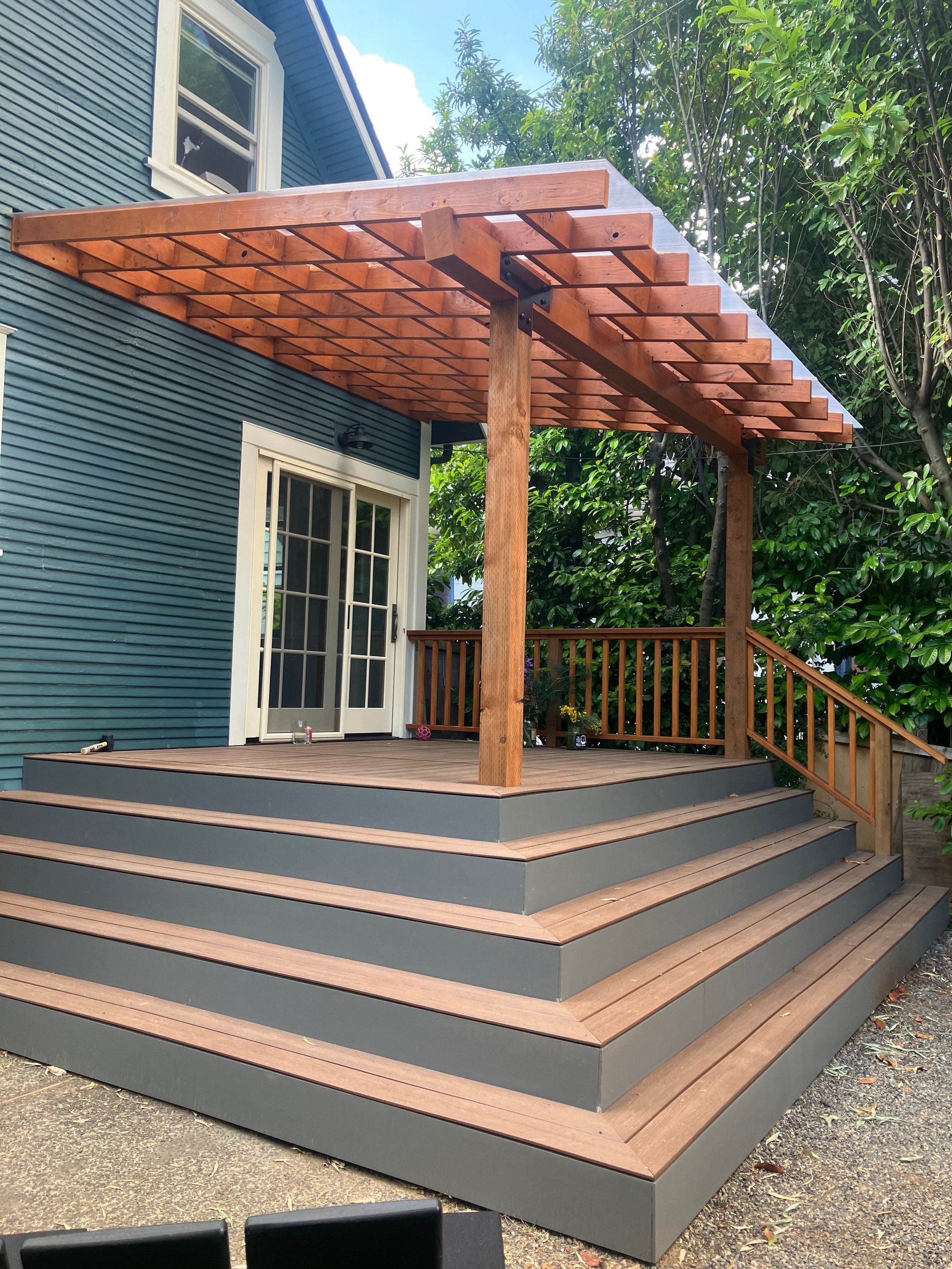Porch build with wrapping stairs