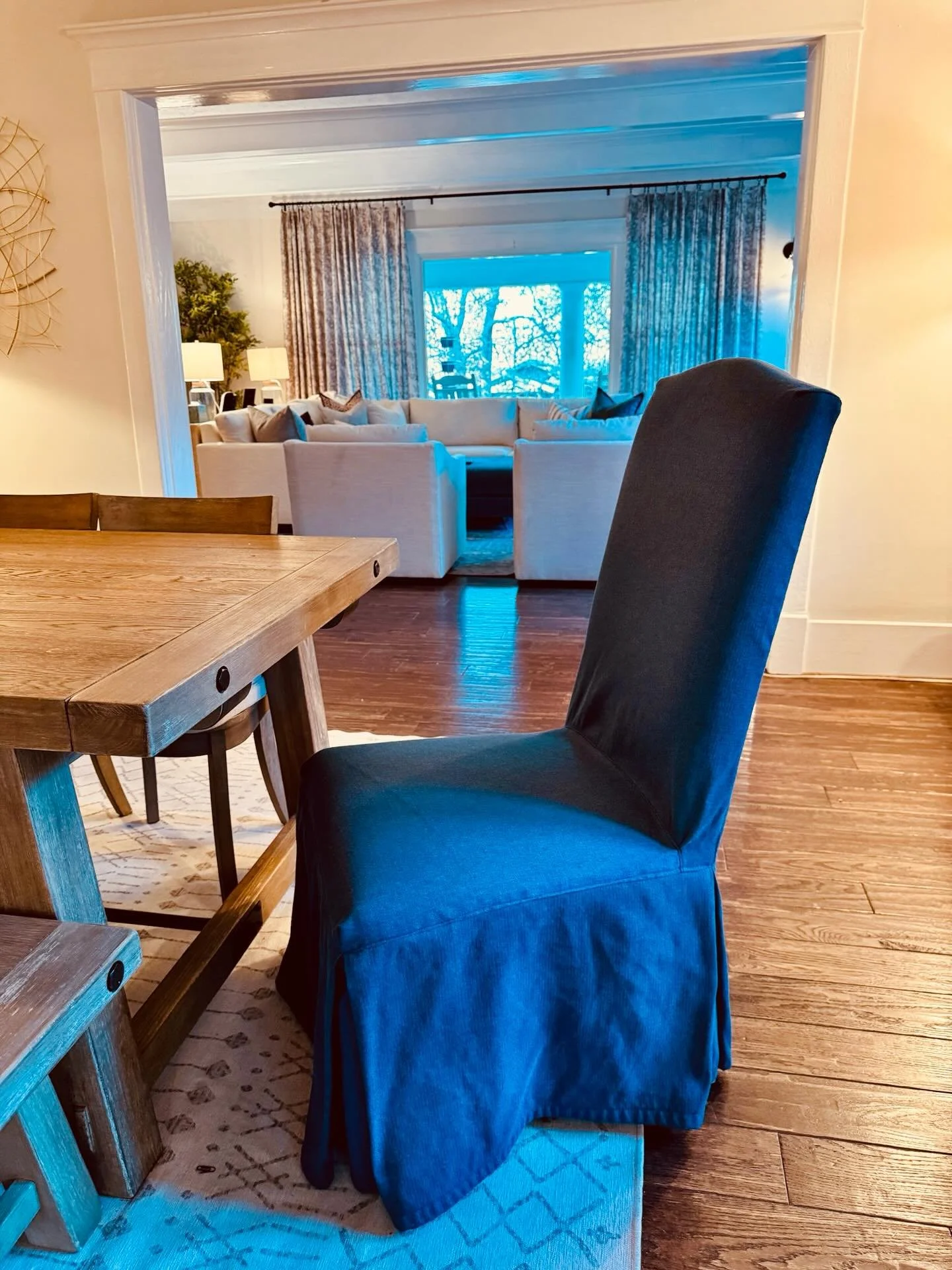 Parson chair, one of two done in Revolution&rsquo;s Phoenician washable, high-performance fabric in Marine. Just a little boost to this dining room.  #customslipcovers #slipcovers #Spokaneslipcovers #homedecor #furnituremakeover