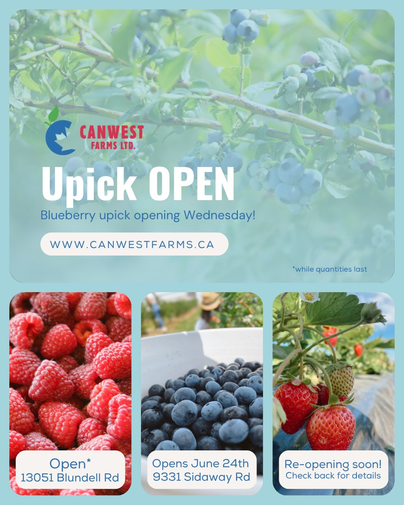 It&rsquo;s that time!!! Blueberry season is upon us and we&rsquo;re opening up our first upick field on Wednesday! Come enjoy time on the farm as you pick your own berries and shop our farm market for other local produce. Raspberry upick and strawber