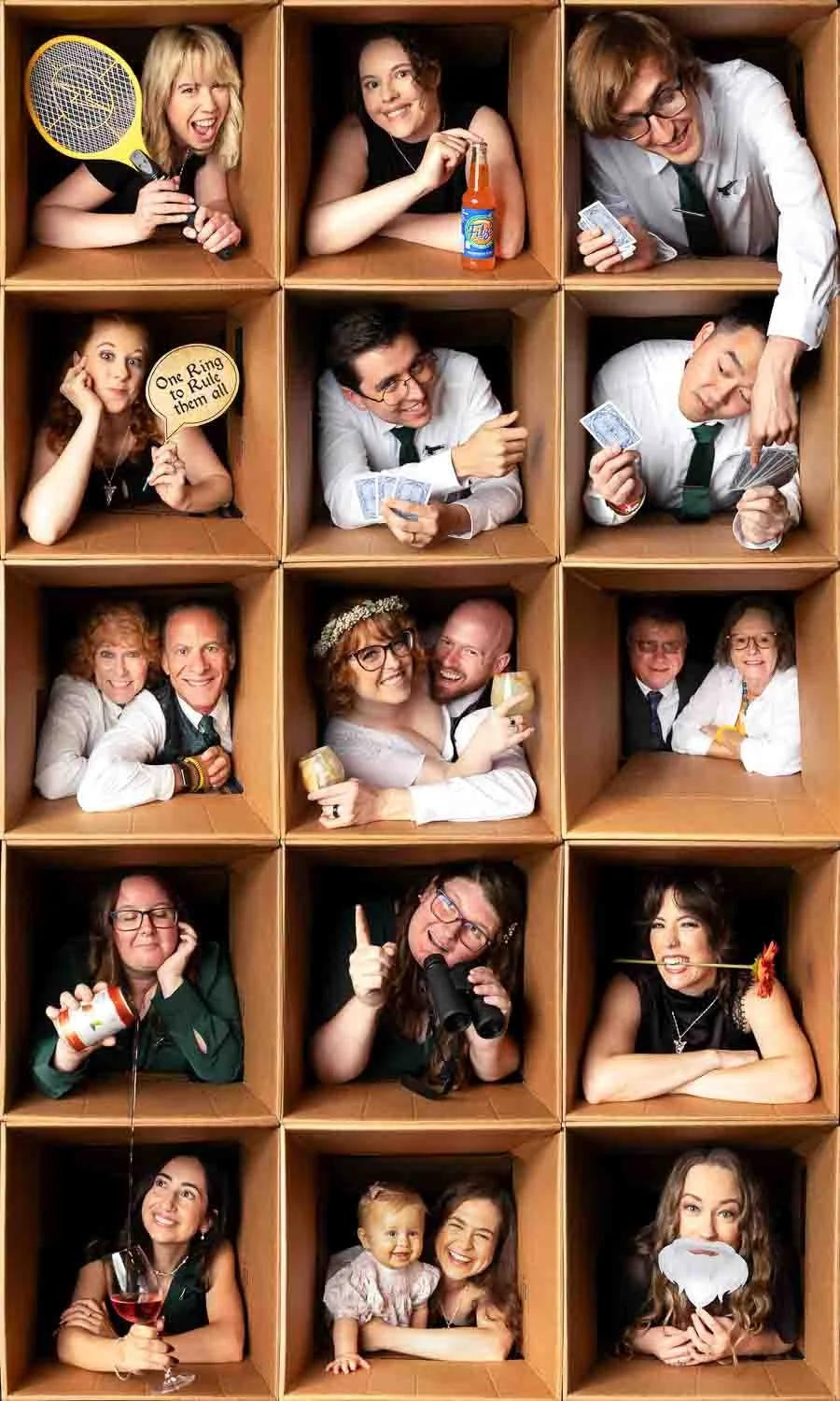 creative wedding party portrait cardboard box photography