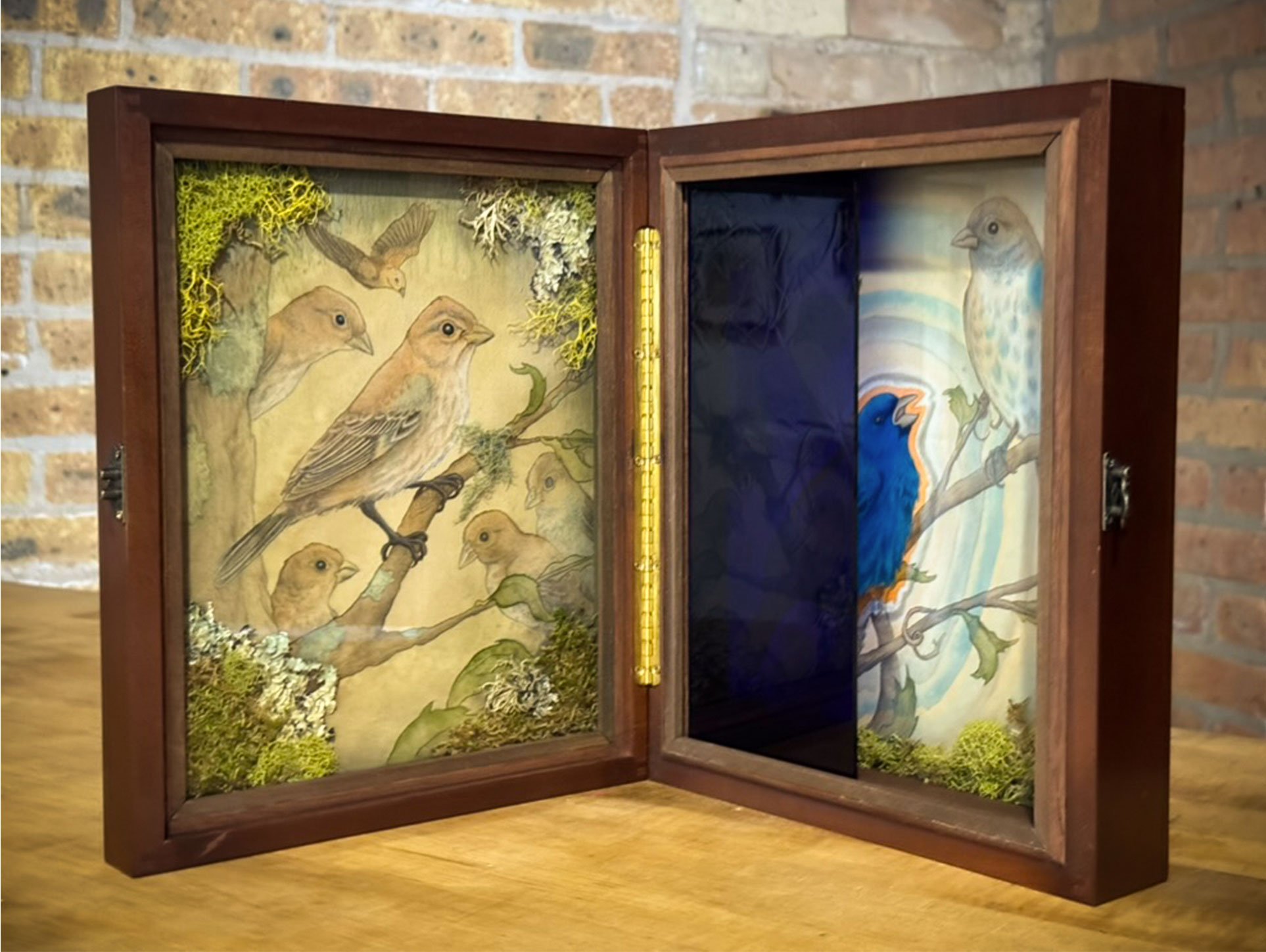 Hinged wooden shadow box, opened, bird illustrations and blue colored glass