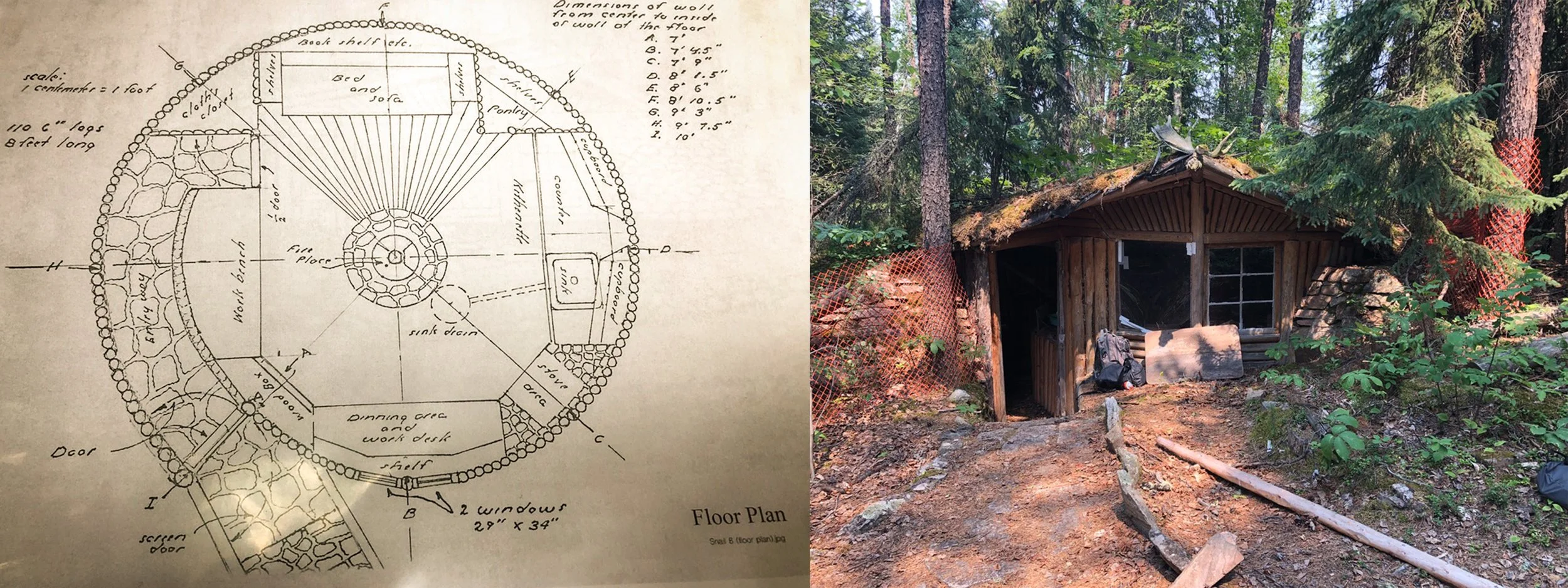 a hand-drawn floor plan for a spiral shaped building (left) The opening of a log cabin emerging from a forested hill (right)