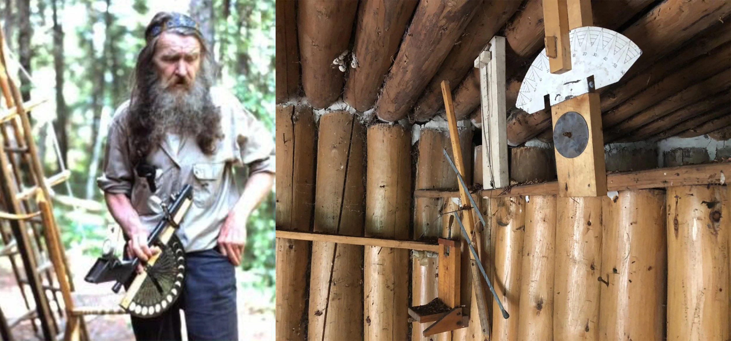 Wendell with a long gray beard holding a scientific instrument (left) more scientific instruments hanging in a log cabin