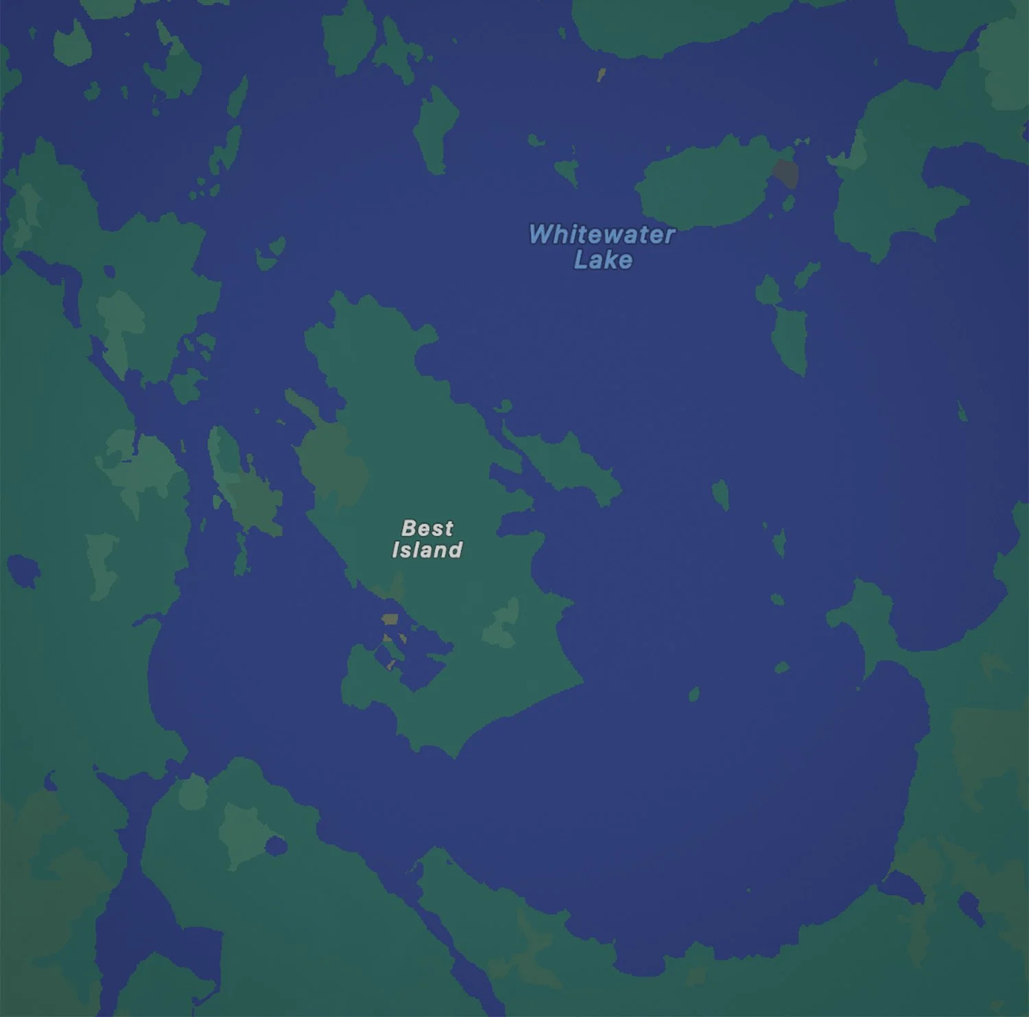 Blue and green map of Whitewater Lake, Ontario, Canada with Best Island labeled